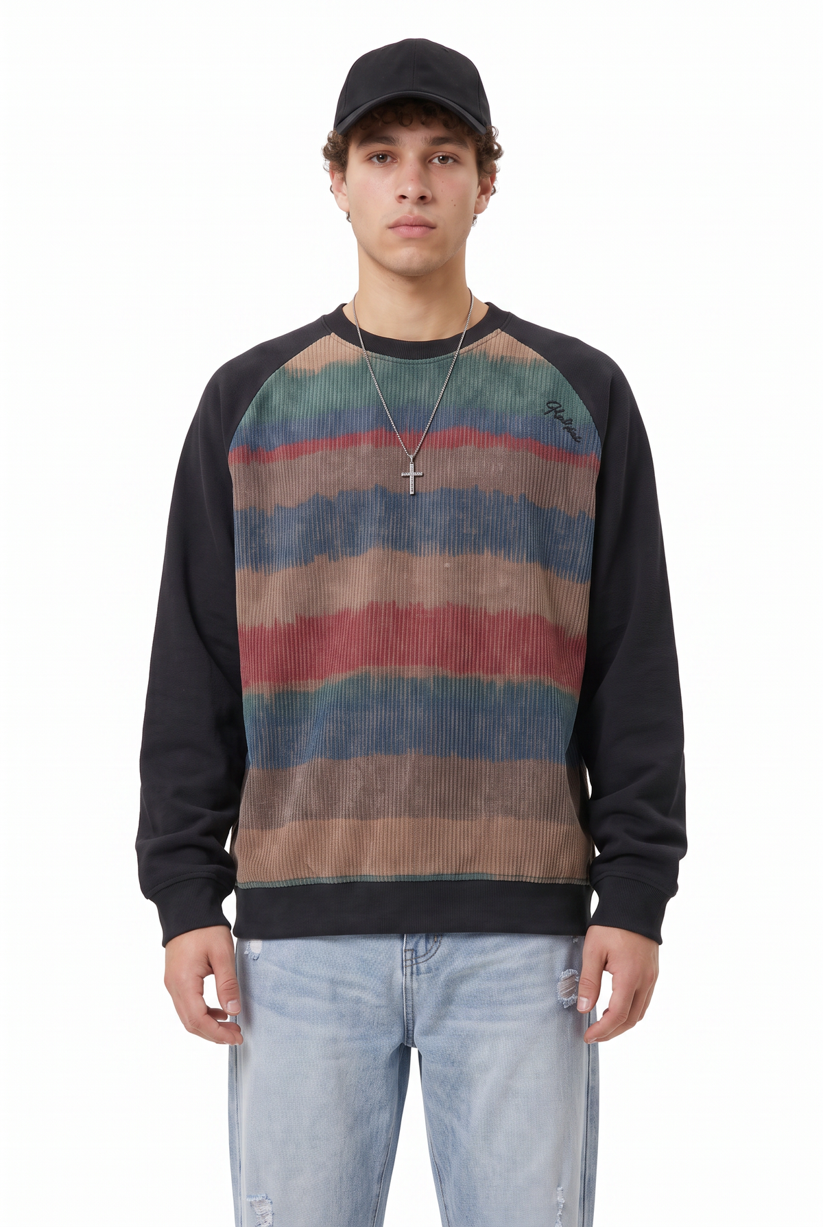 Striped Corduroy Black Raglan Sweatshirt