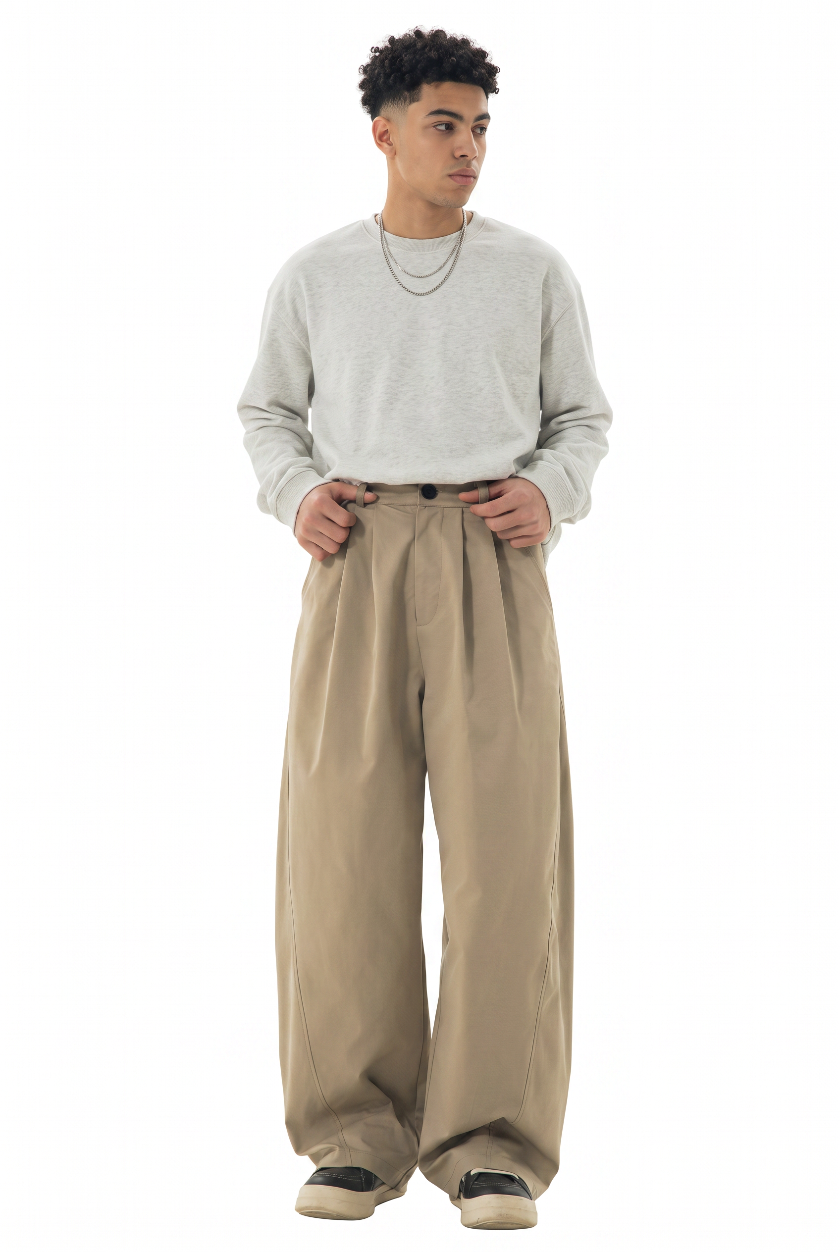 Beige Drawstring Straight Casual Trousers