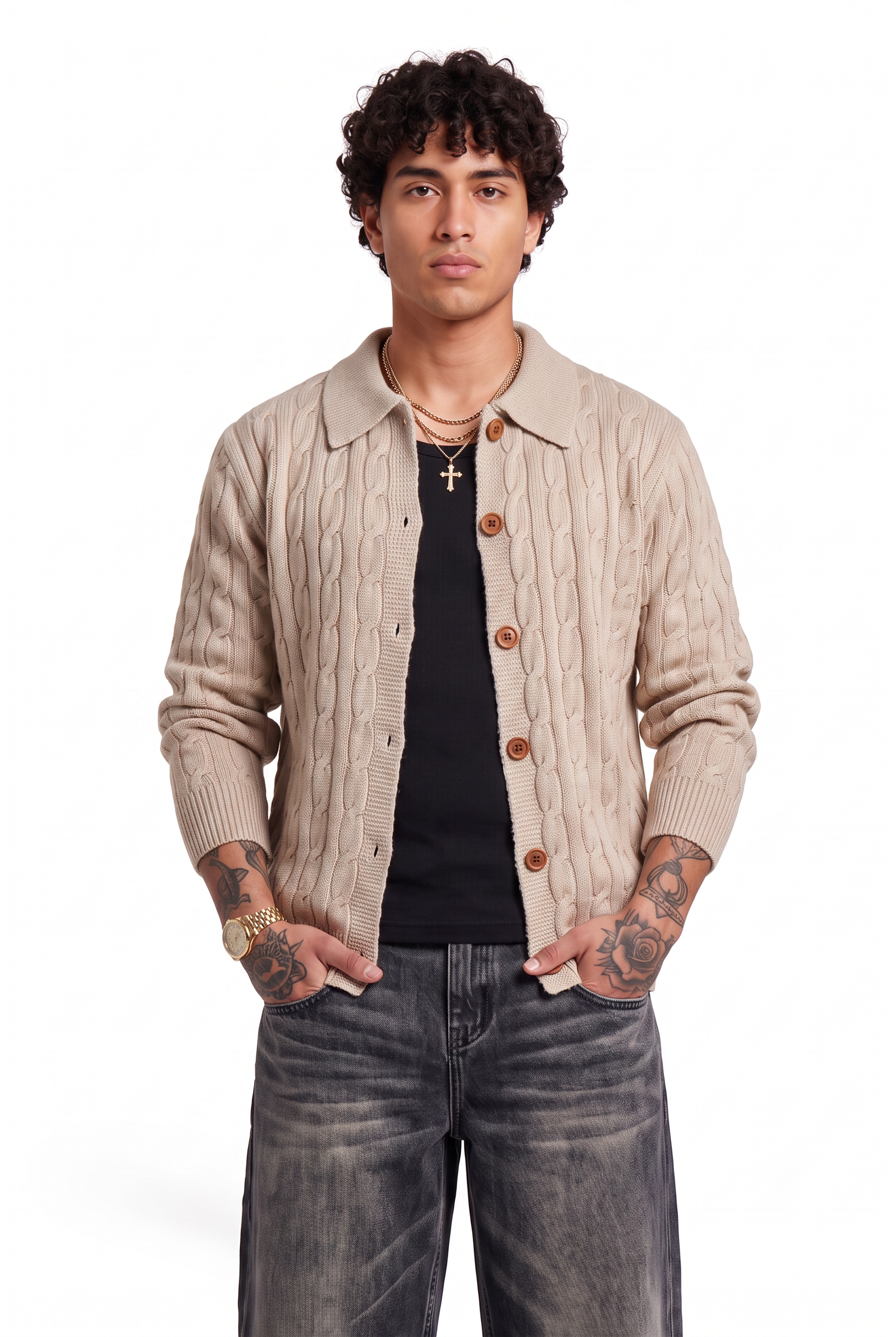 Beige Ribbed Crew Neck Sweater
