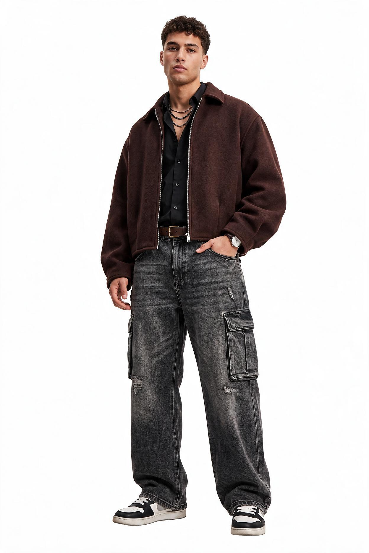 Brown Zip Mandarin Collar Jacket