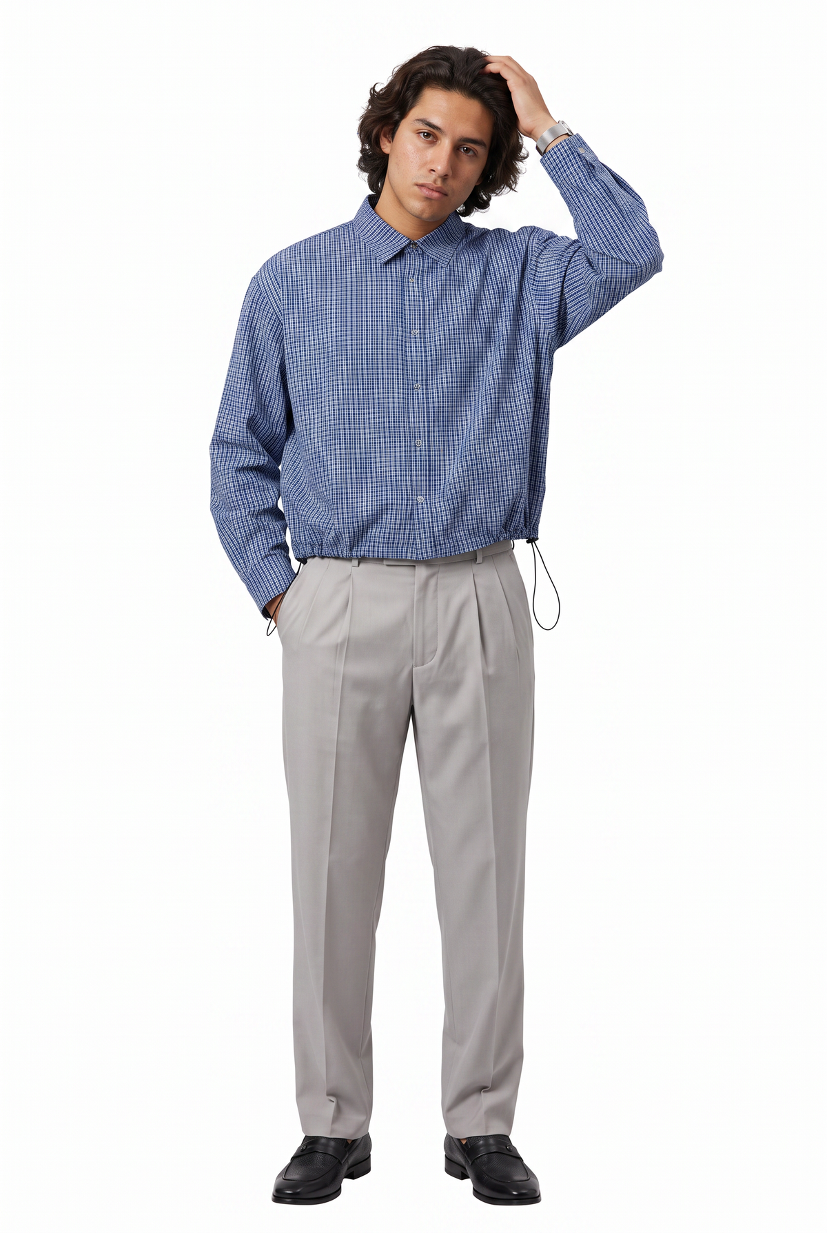 Relaxed Check Blue Cropped Shirt