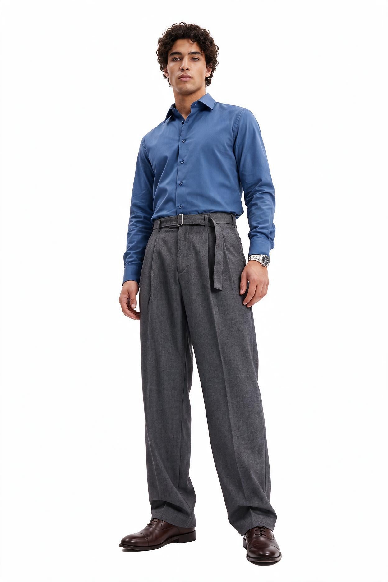 Grey Flat-Front Slim Formal Trousers