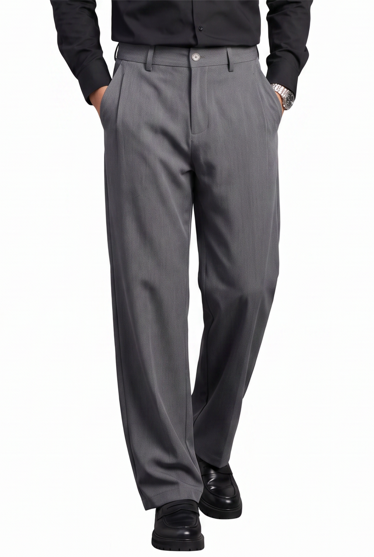 Wide Leg Grey Pleated Trousers