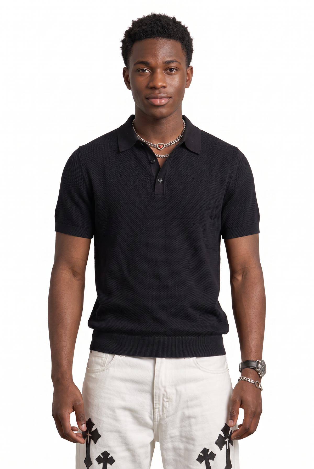 Textured Knit Black Polo T-Shirt
