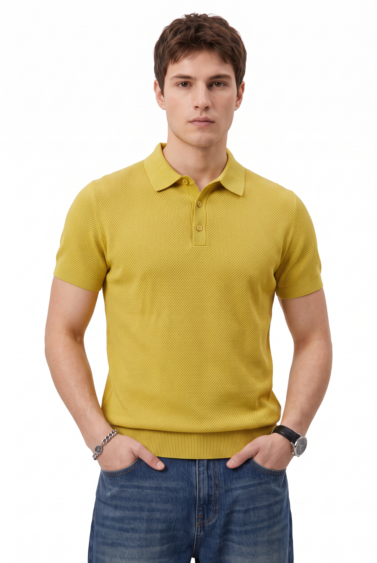 Textured Yellow Knit Polo T-Shirt
