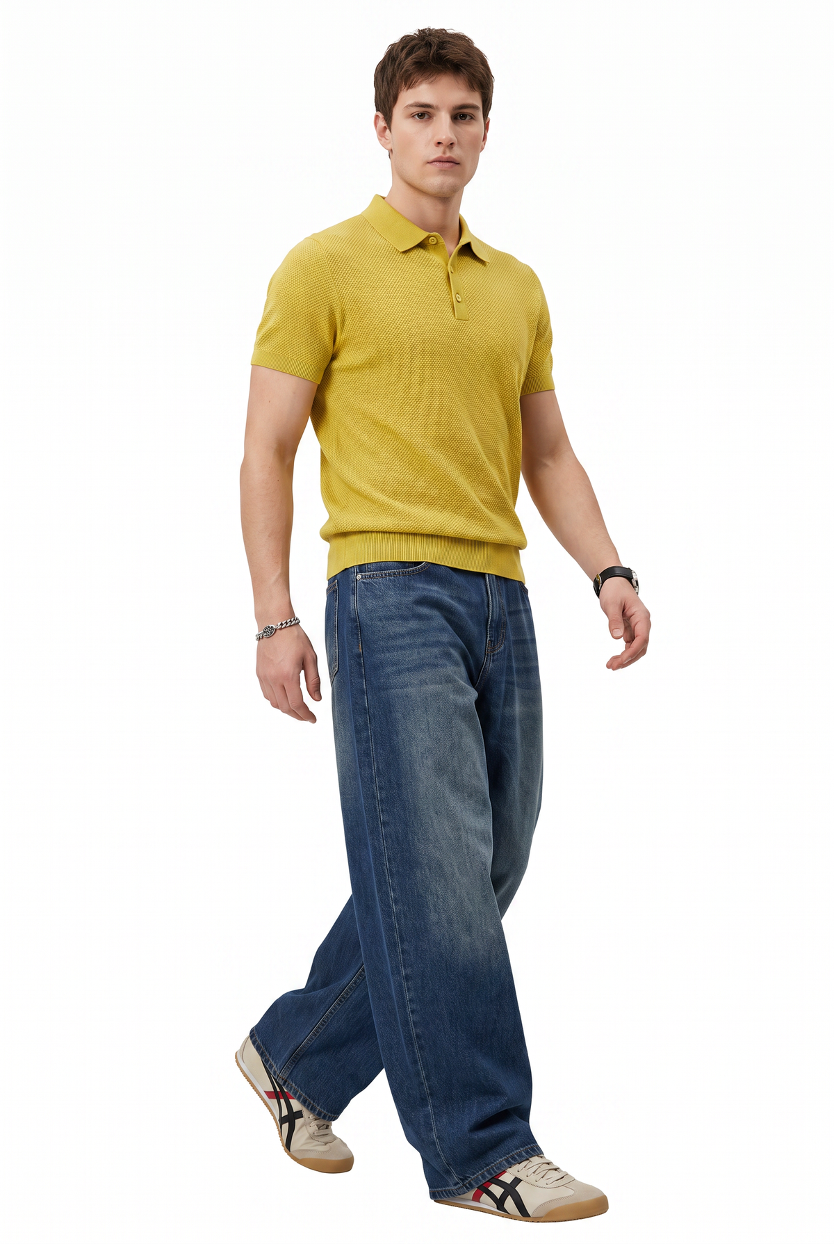 Textured Yellow Knit Polo T-Shirt