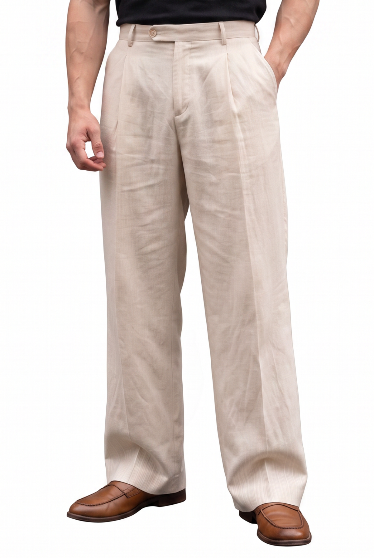Pleated Beige Linen Wide Trousers