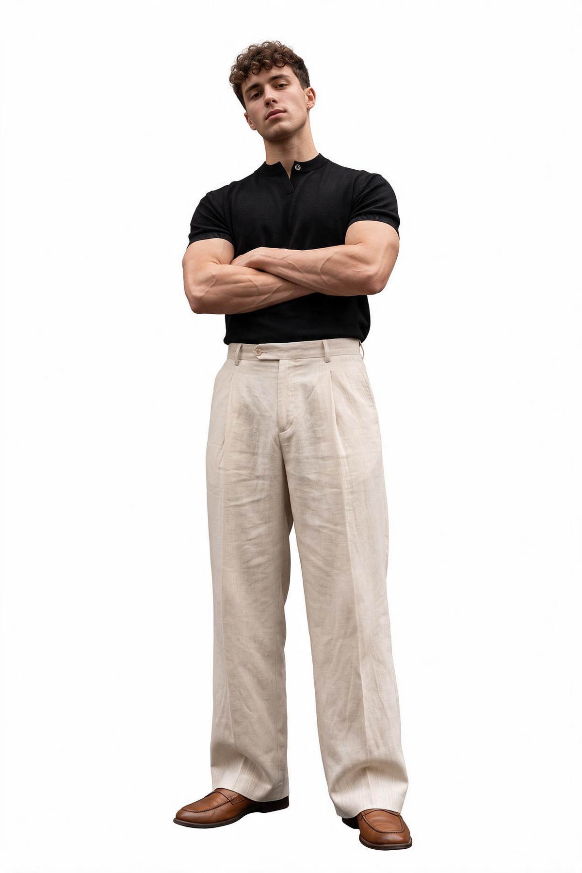 Pleated Beige Linen Wide Trousers