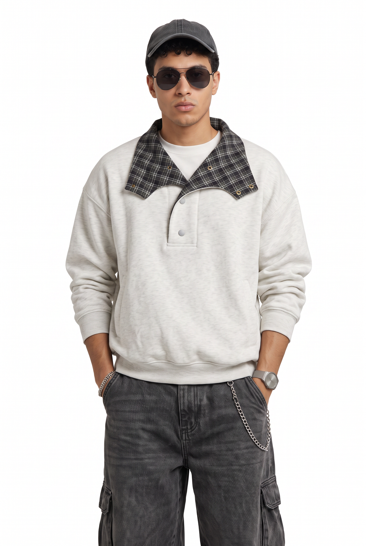 Plaid Collar Grey Half-Snap Sweatshirt