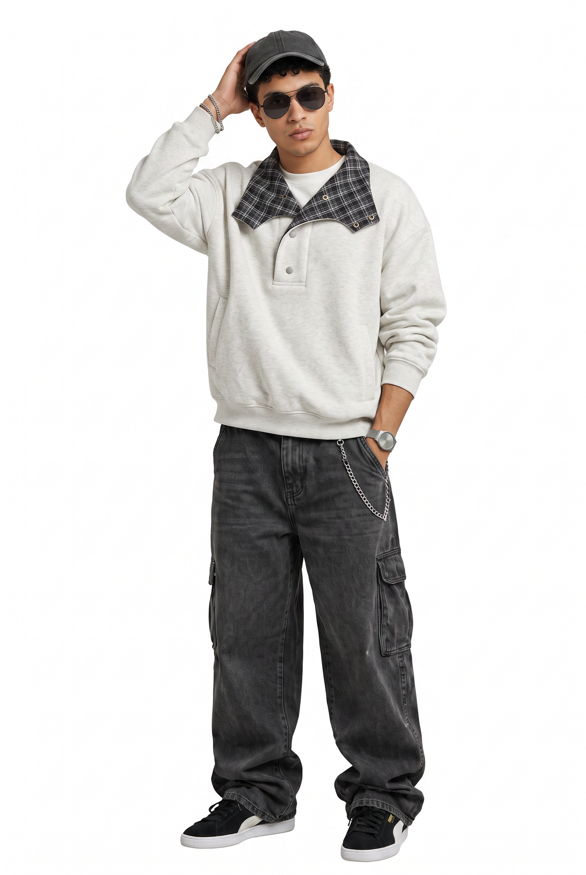 Plaid Collar Grey Half-Snap Sweatshirt
