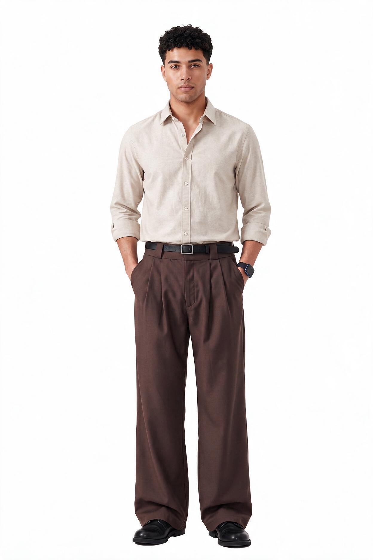 Brown Flat-Front Slim Formal Trousers