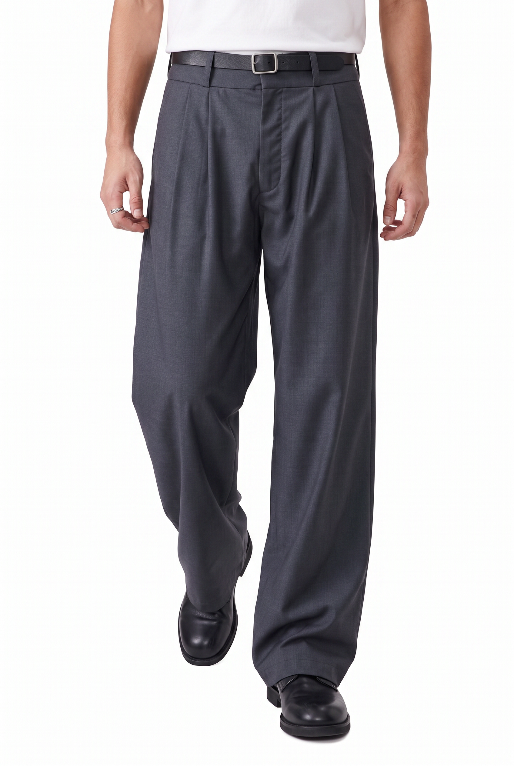 Grey Flat-Front Slim Formal Trousers