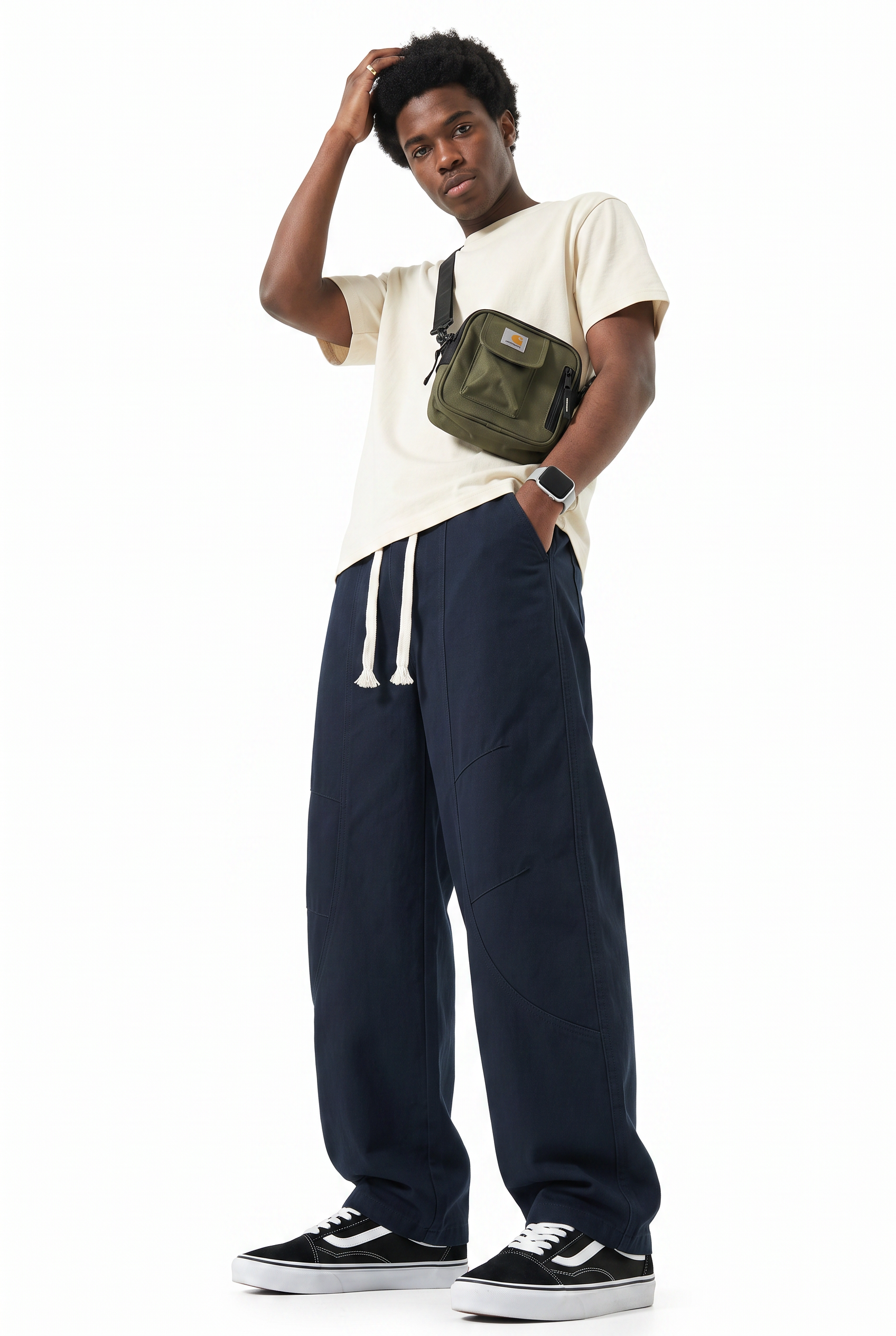 Beige Drawstring Straight Casual Trousers