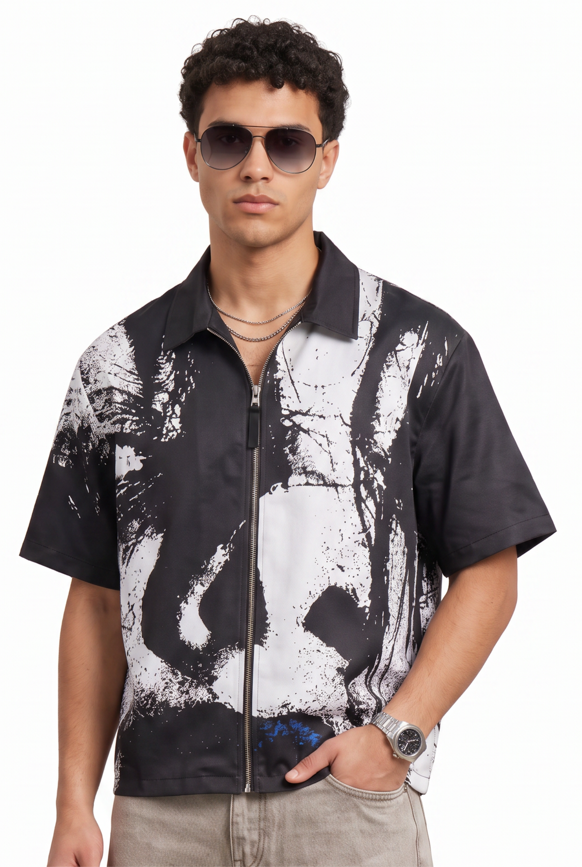 Abstract Print Black Zip Shirt