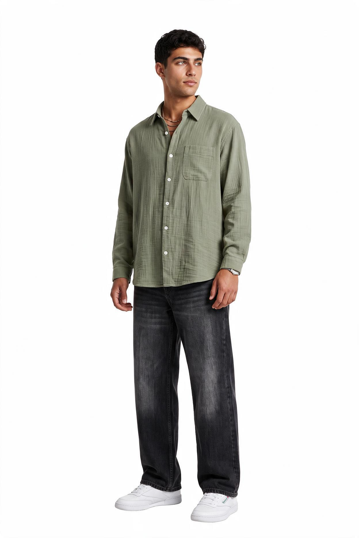 Olive Chest Pocket Casual Shirt
