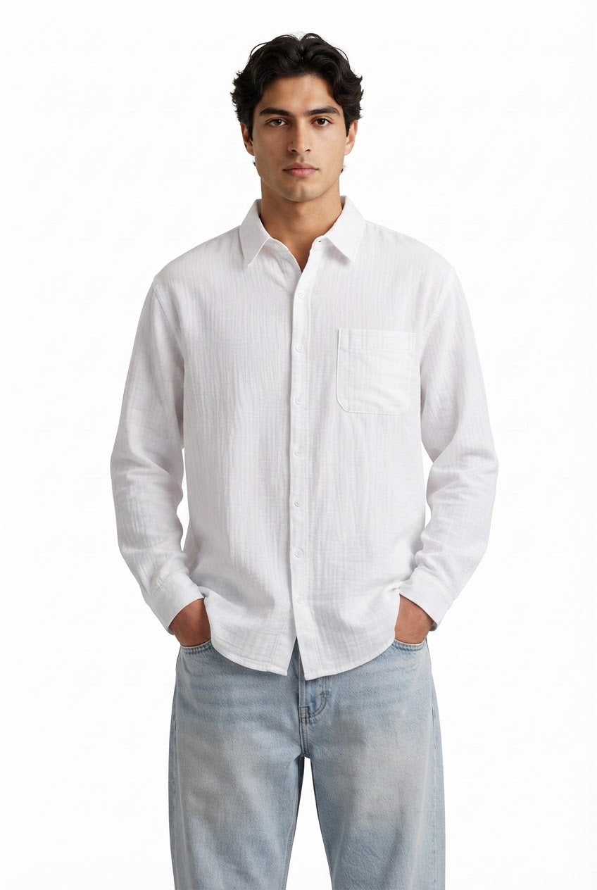 White Textured Chest Pocket Shirt