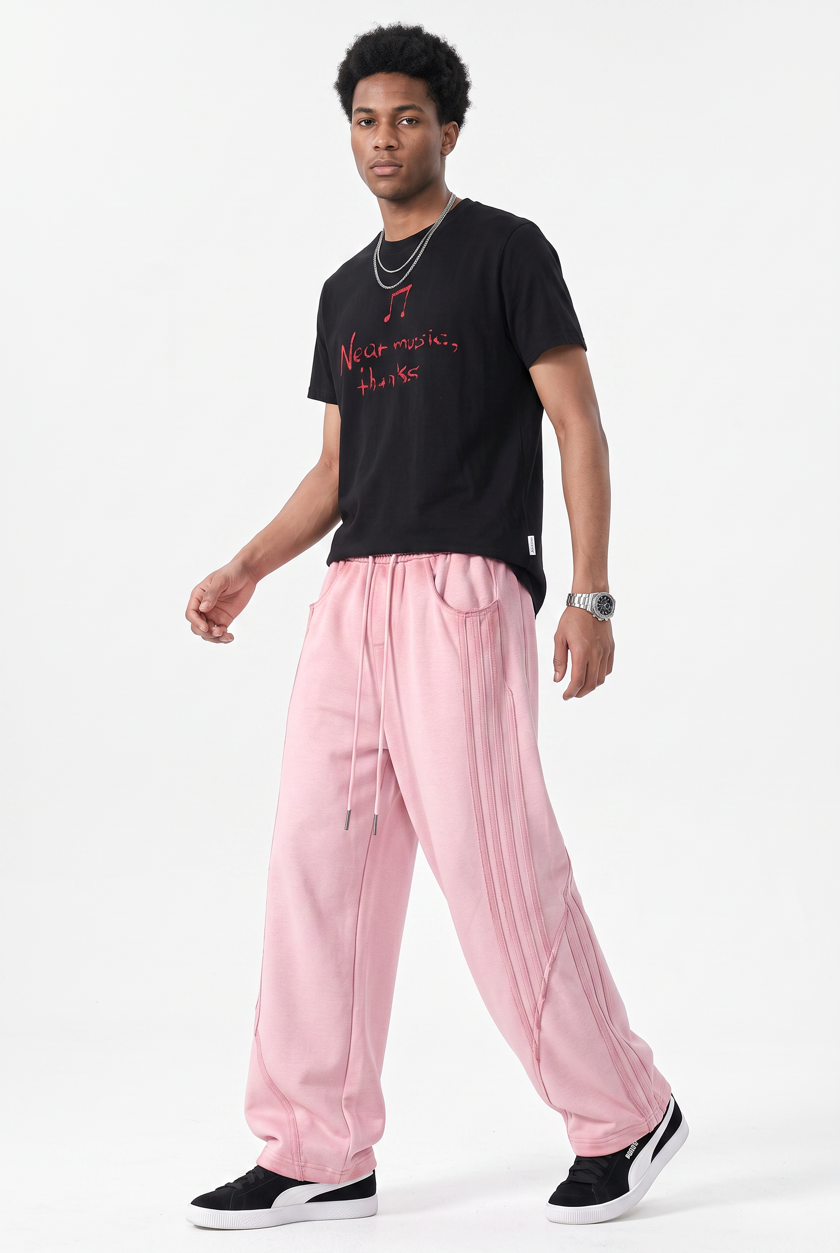 Pink Drawstring Straight Casual Trousers