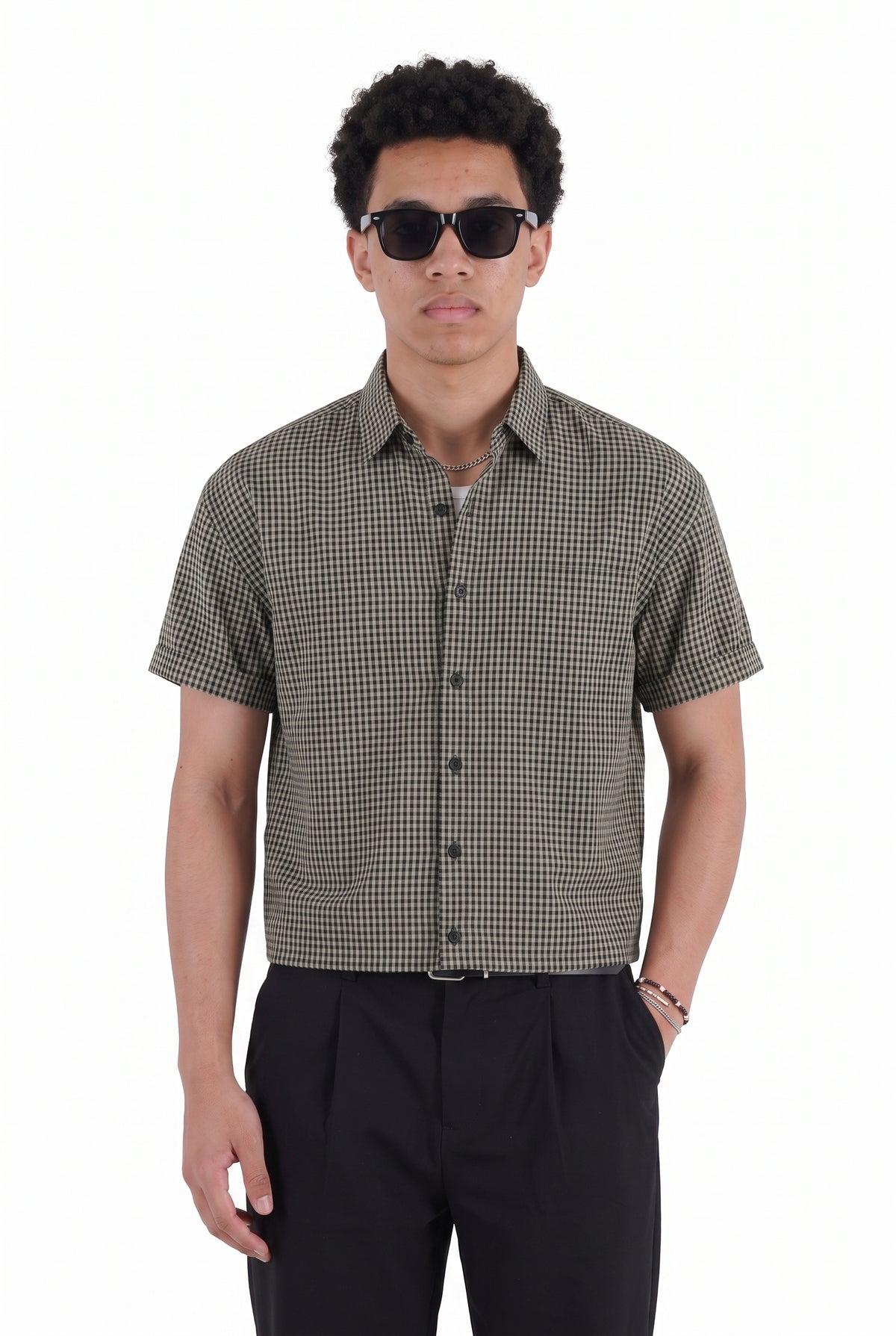 Olive Regular Gingham Short Shirt