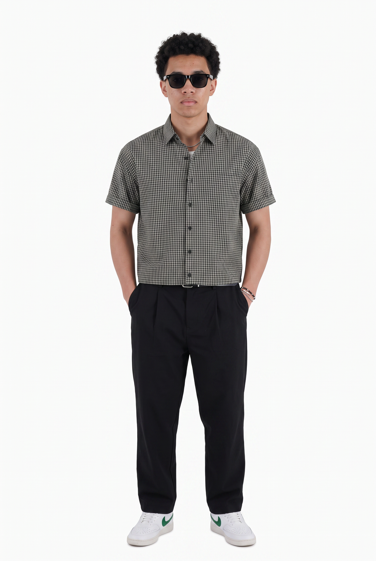 Olive Regular Gingham Short Shirt