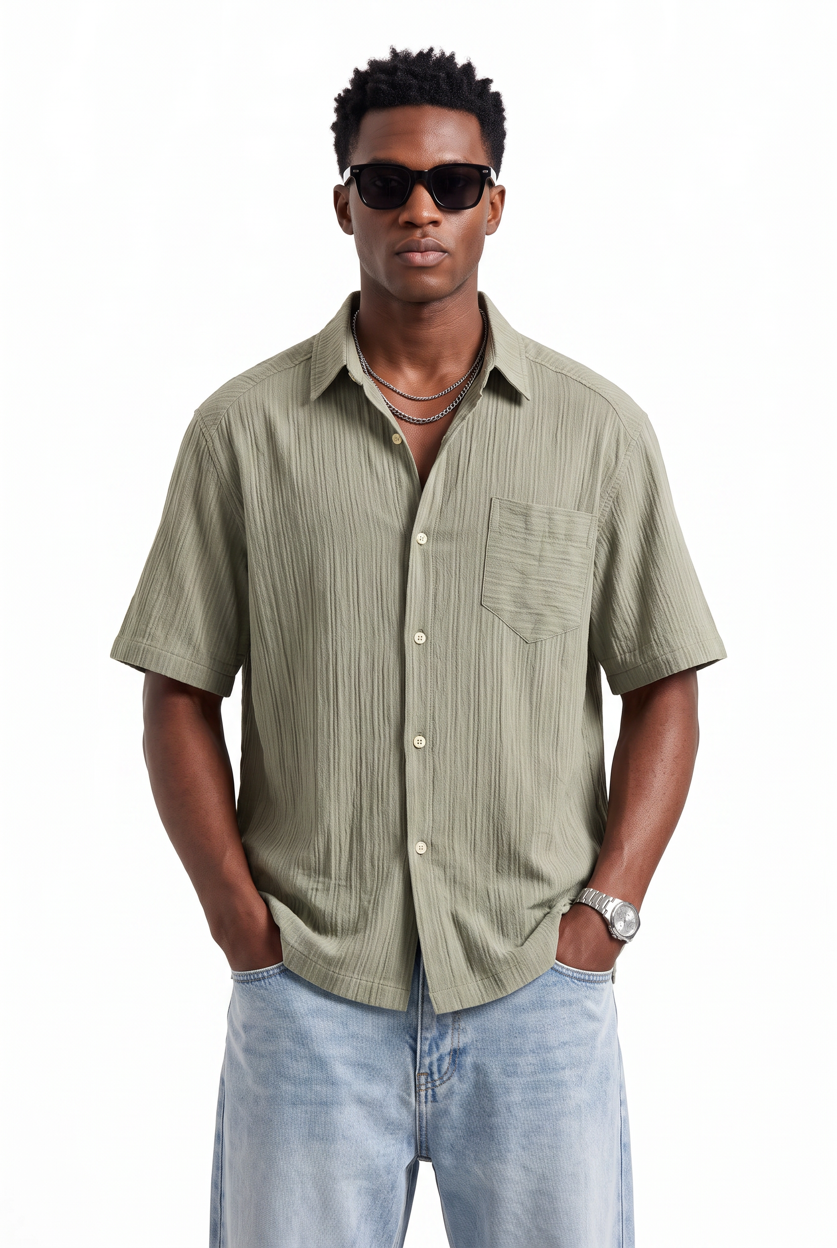 Olive Chest Pocket Casual Shirt