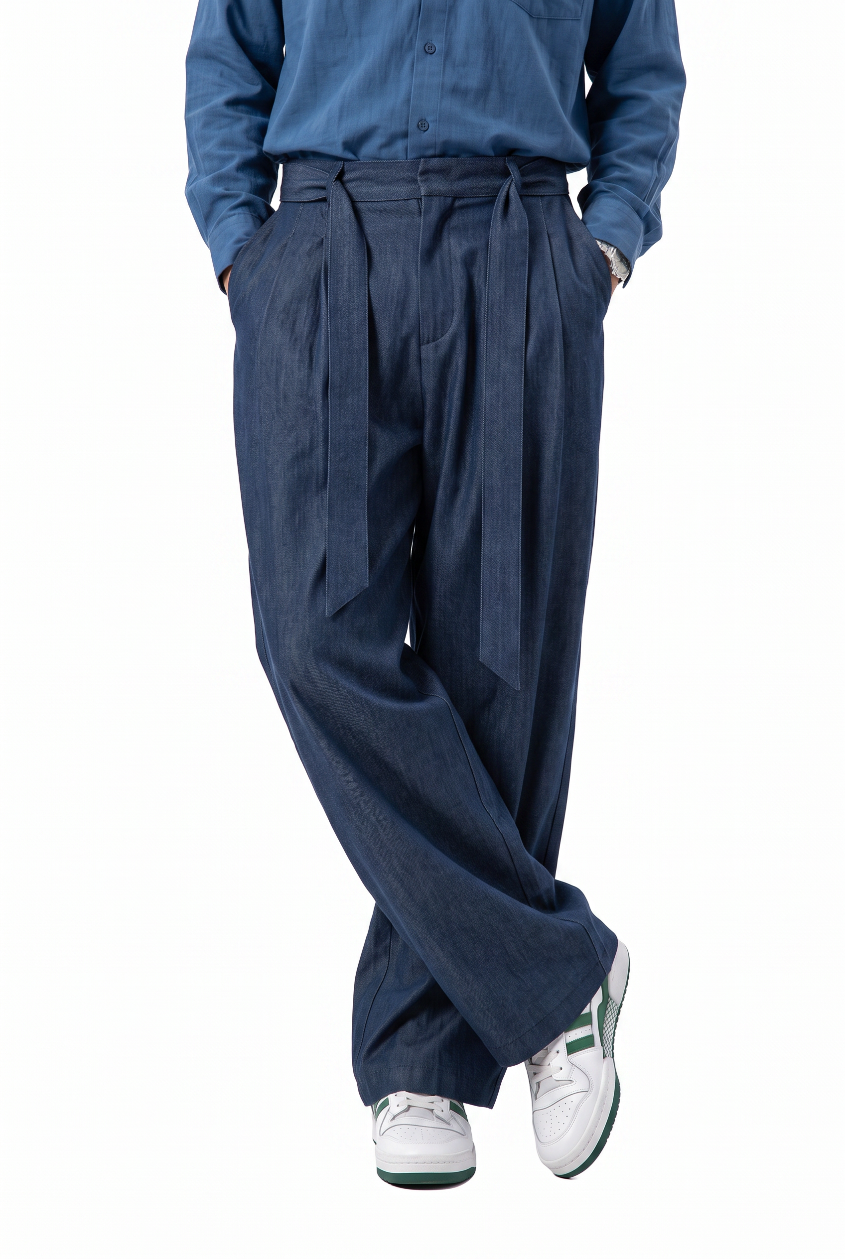 Steel Blue Drawstring Straight Casual Trousers