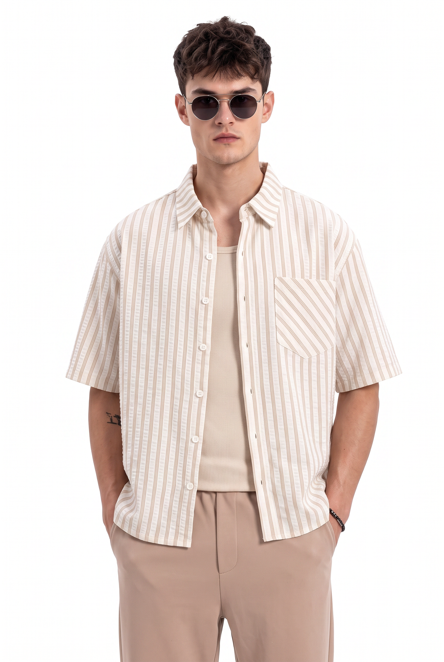 Beige Chest Pocket Casual Shirt