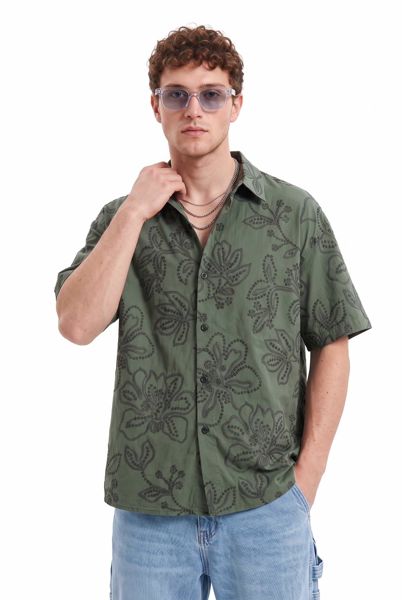 Olive Chest Pocket Casual Shirt