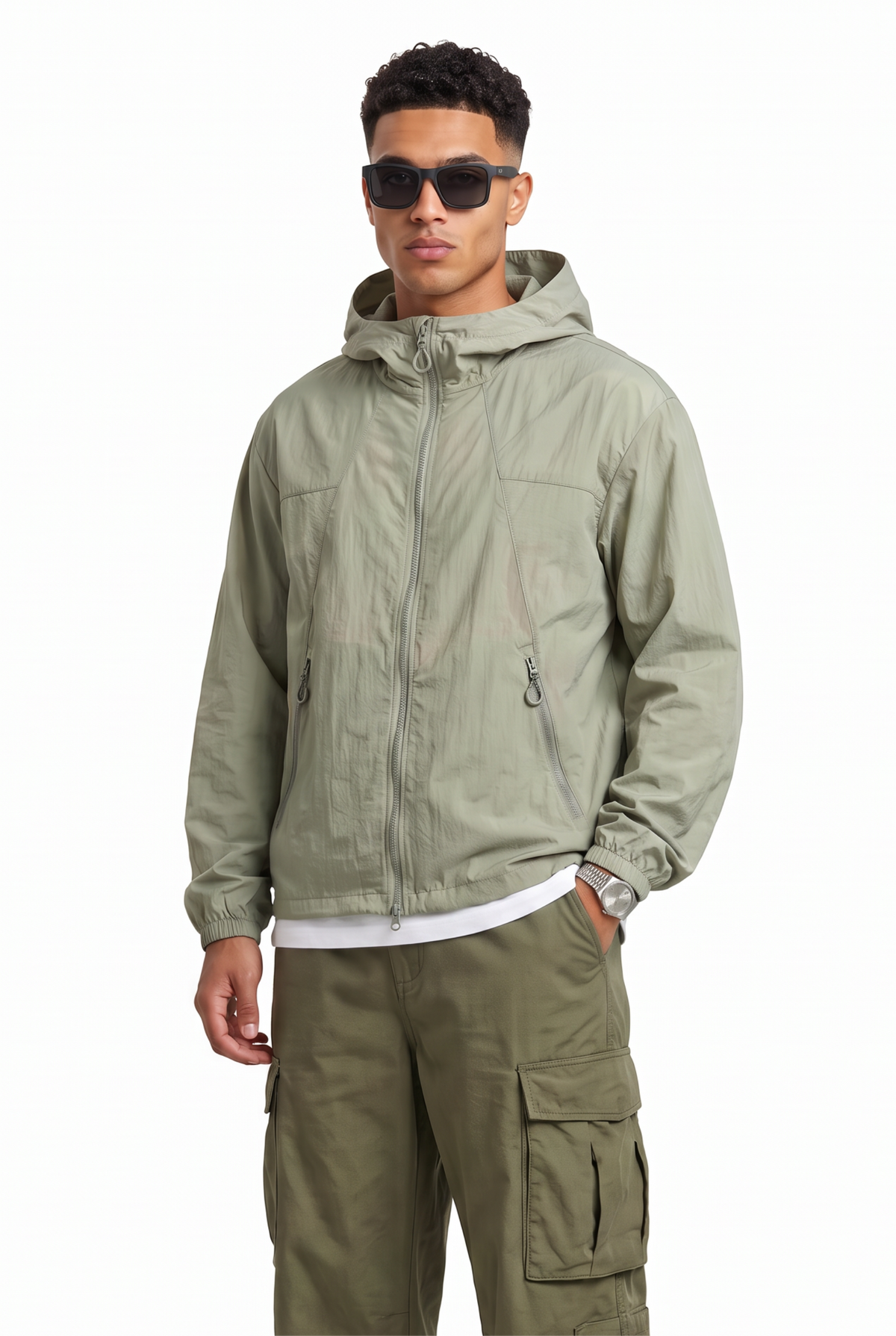 Lightweight Sage Hooded Windbreaker Jacket