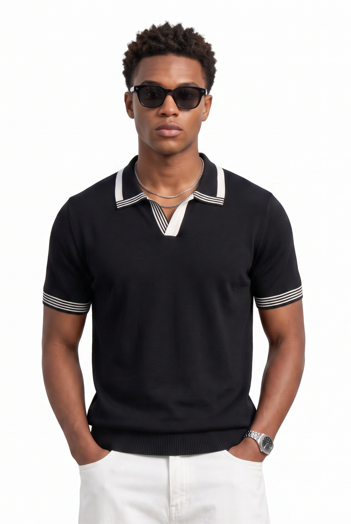 Striped Trim Black Knit Polo