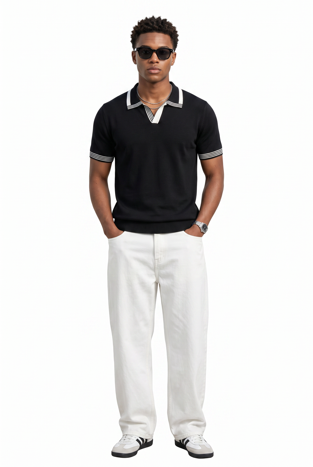 Striped Trim Black Knit Polo