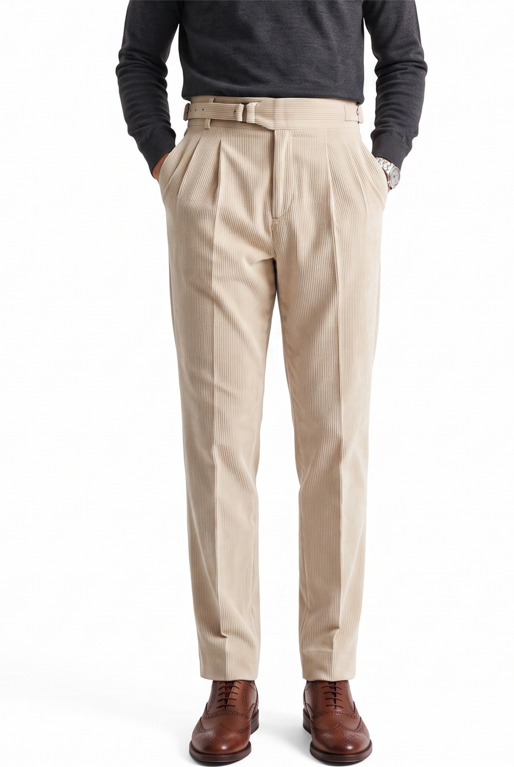 Beige Flat-Front Straight Formal Trouser