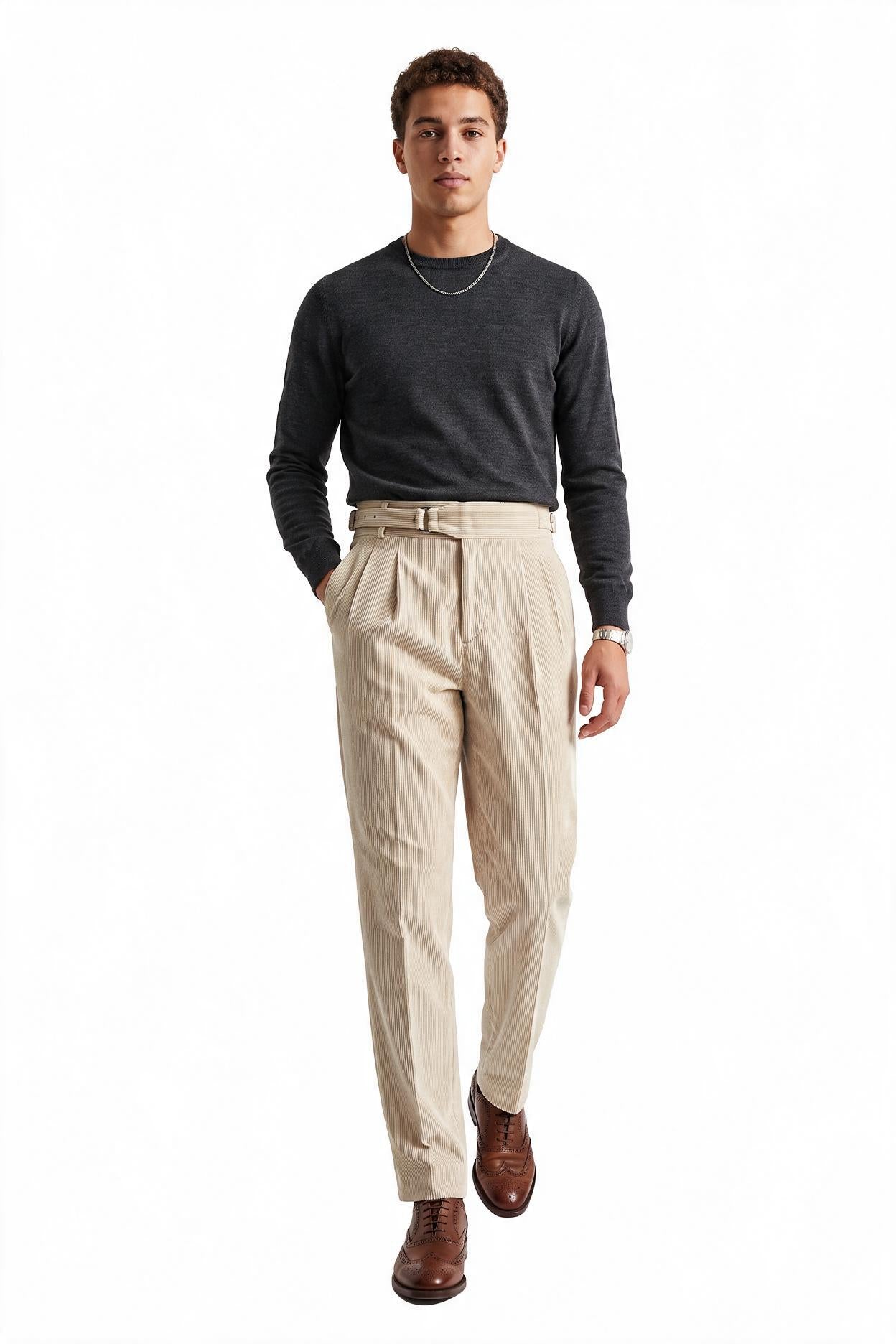 Beige Flat-Front Straight Formal Trouser