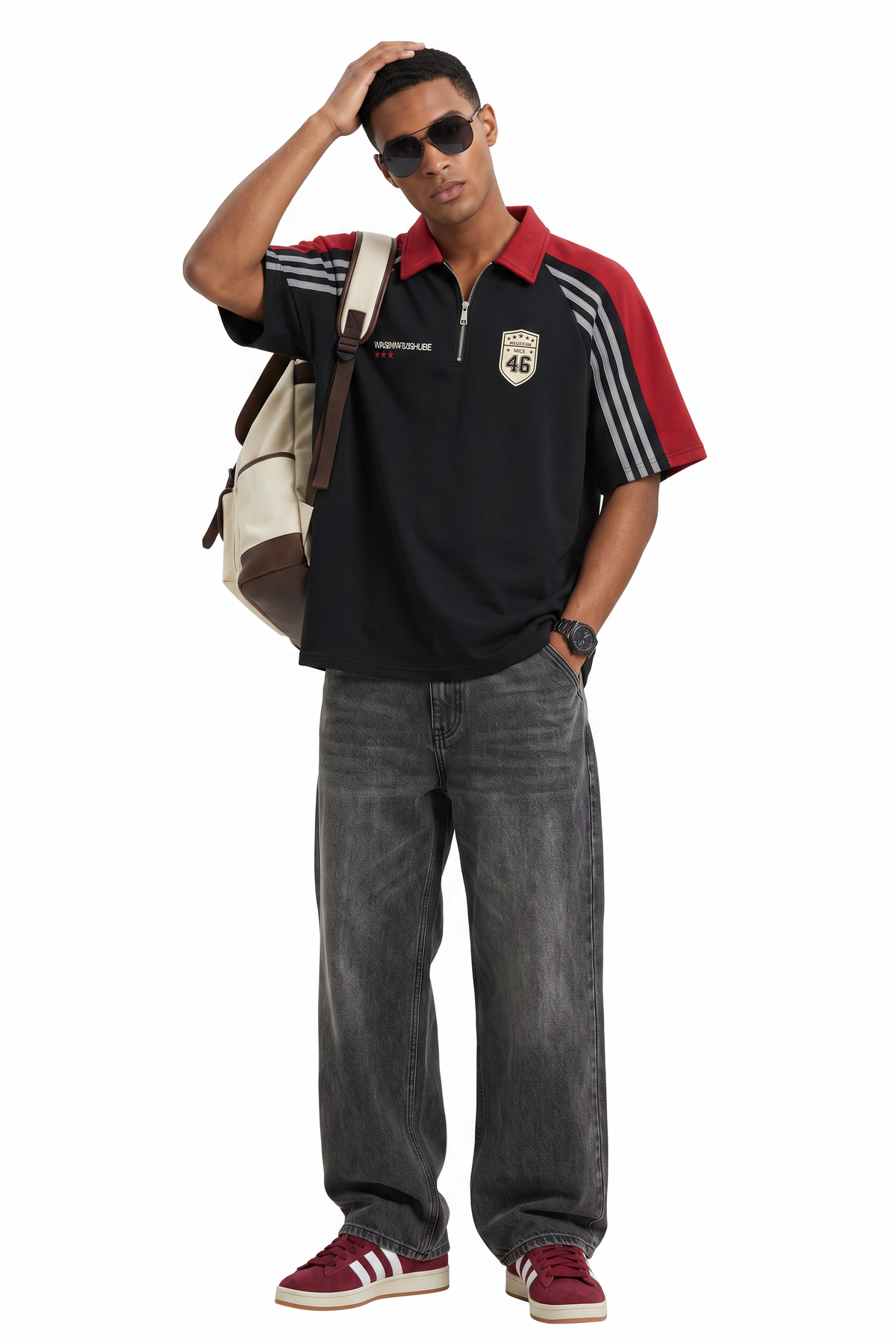 Black Oversized Zip Polo Shirt