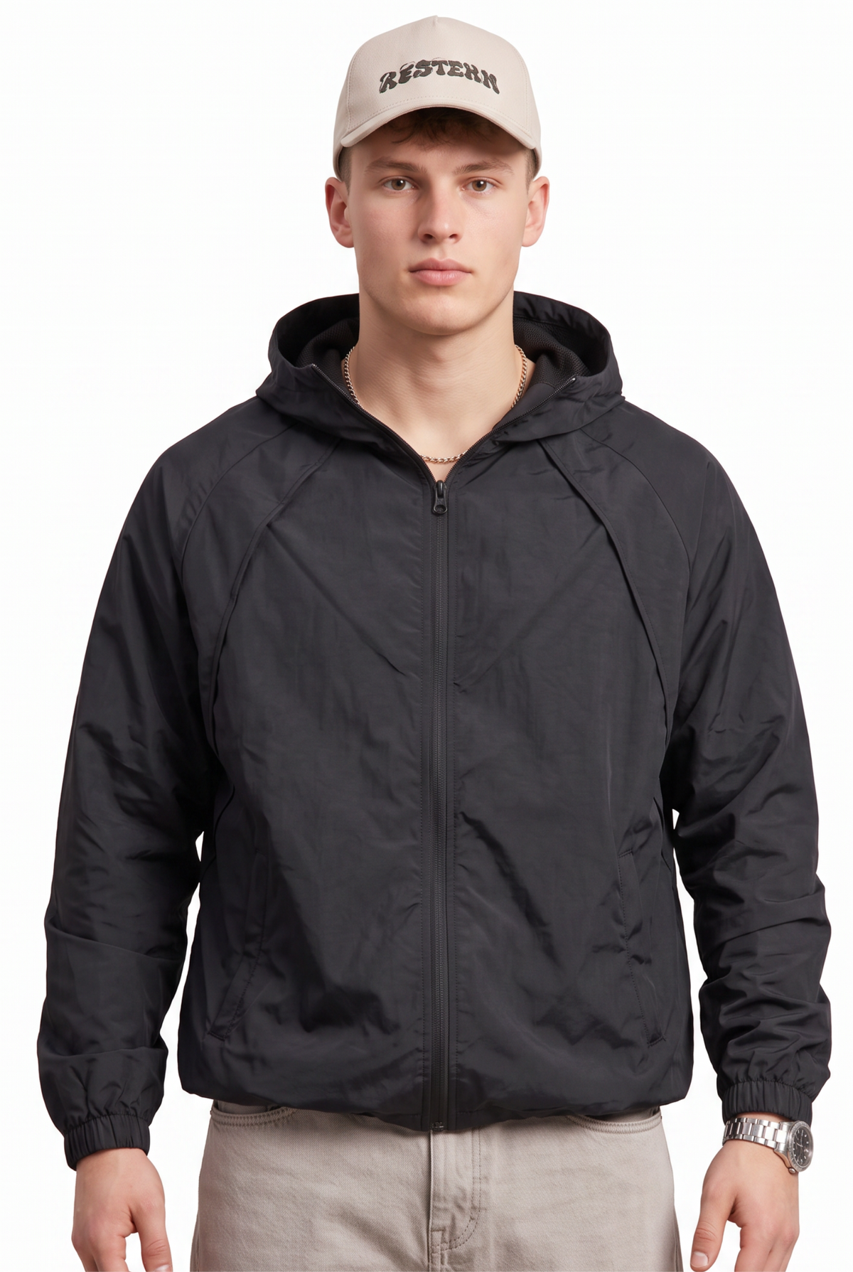 Hooded Black Nylon Windbreaker Jacket