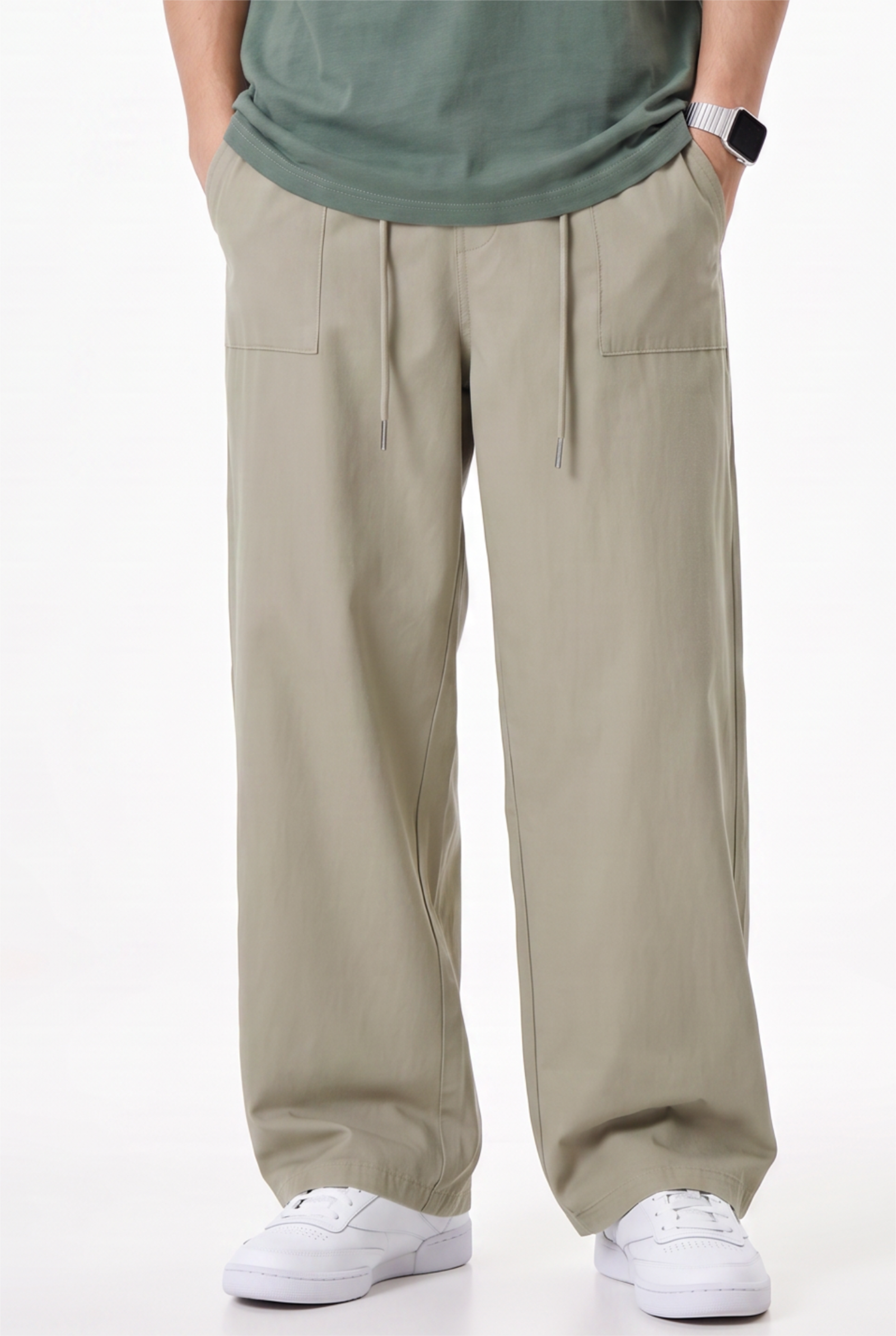 Beige Drawstring Straight Casual Trouser