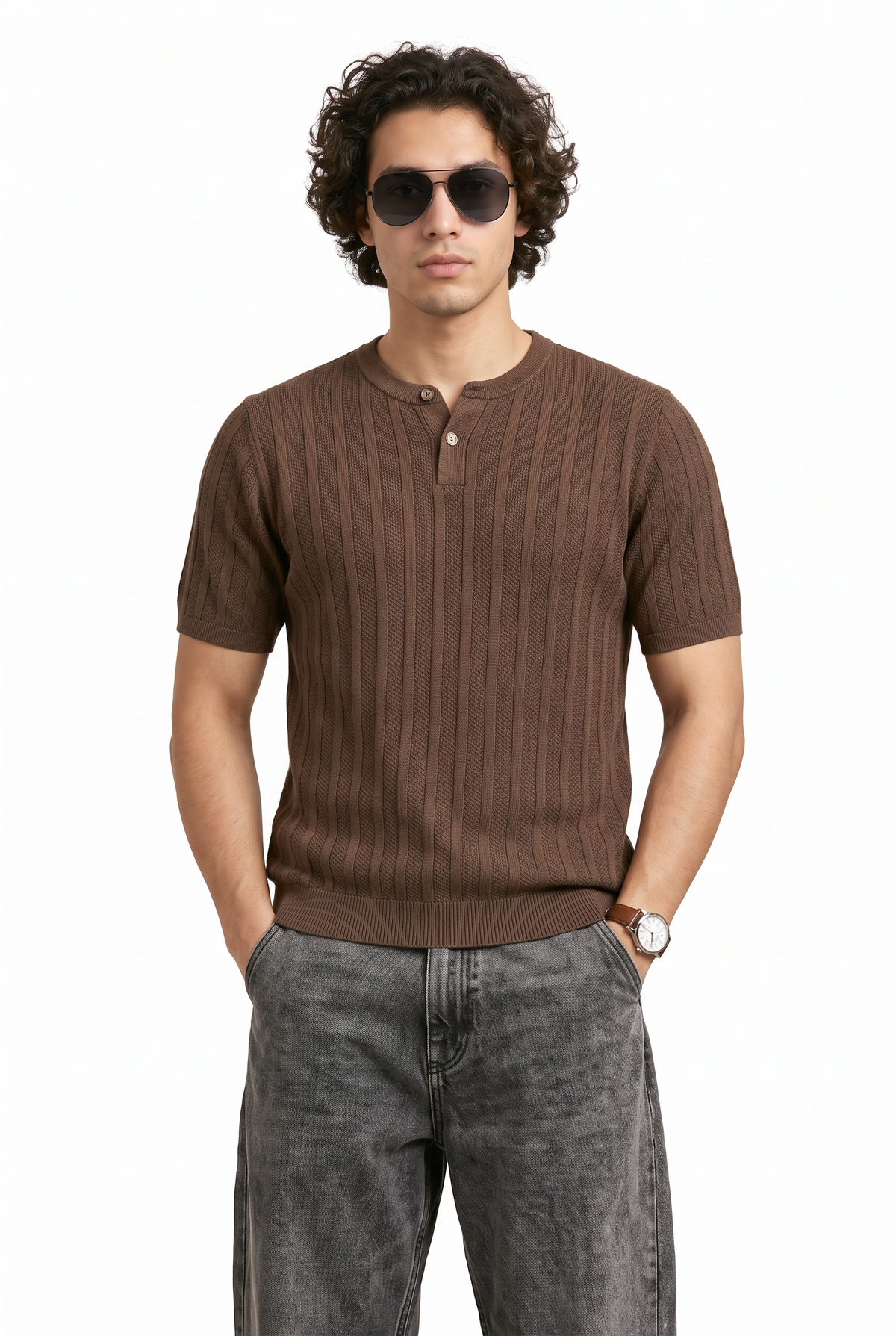 Brown Ribbed Regular Henley Tee