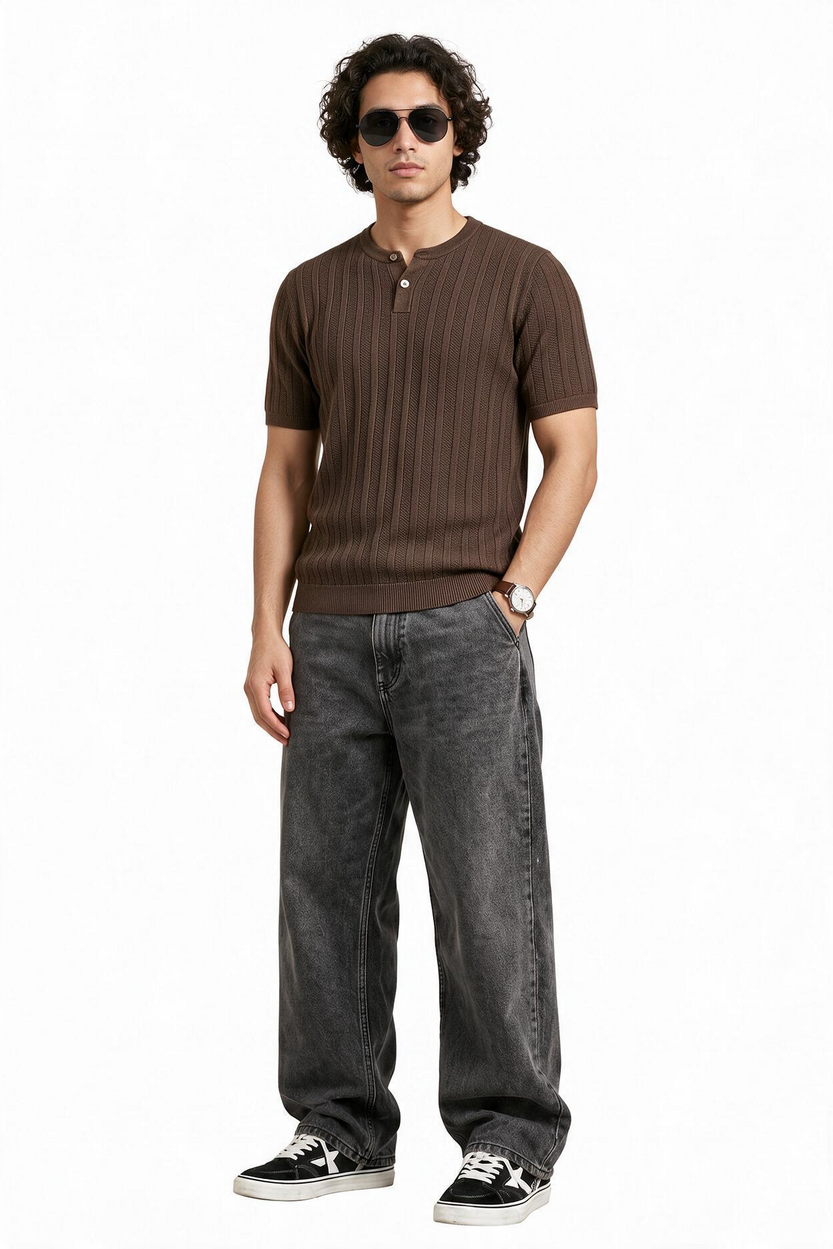 Brown Ribbed Regular Henley Tee