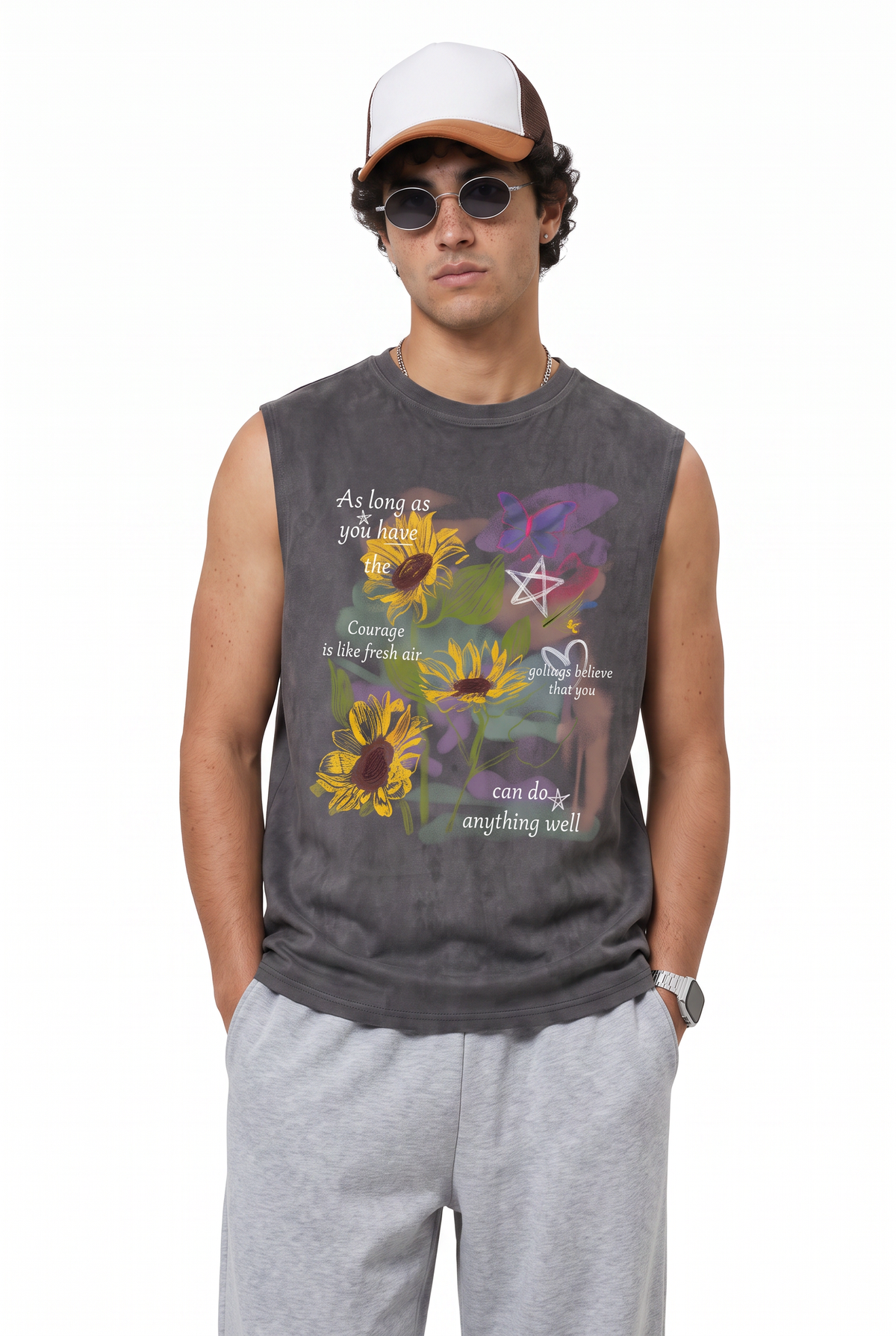 Grey Oversized Graphic Sleeveless Tank