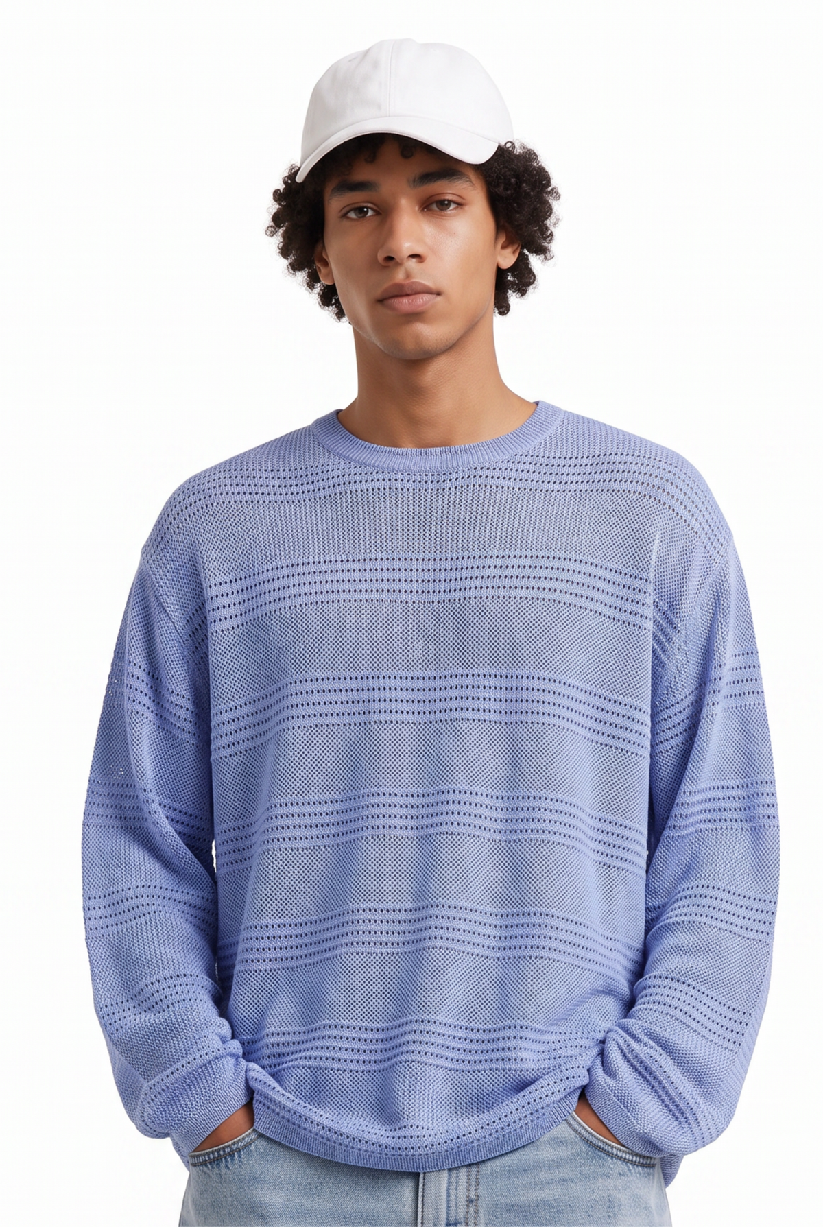Open Knit Blue Crewneck Sweater