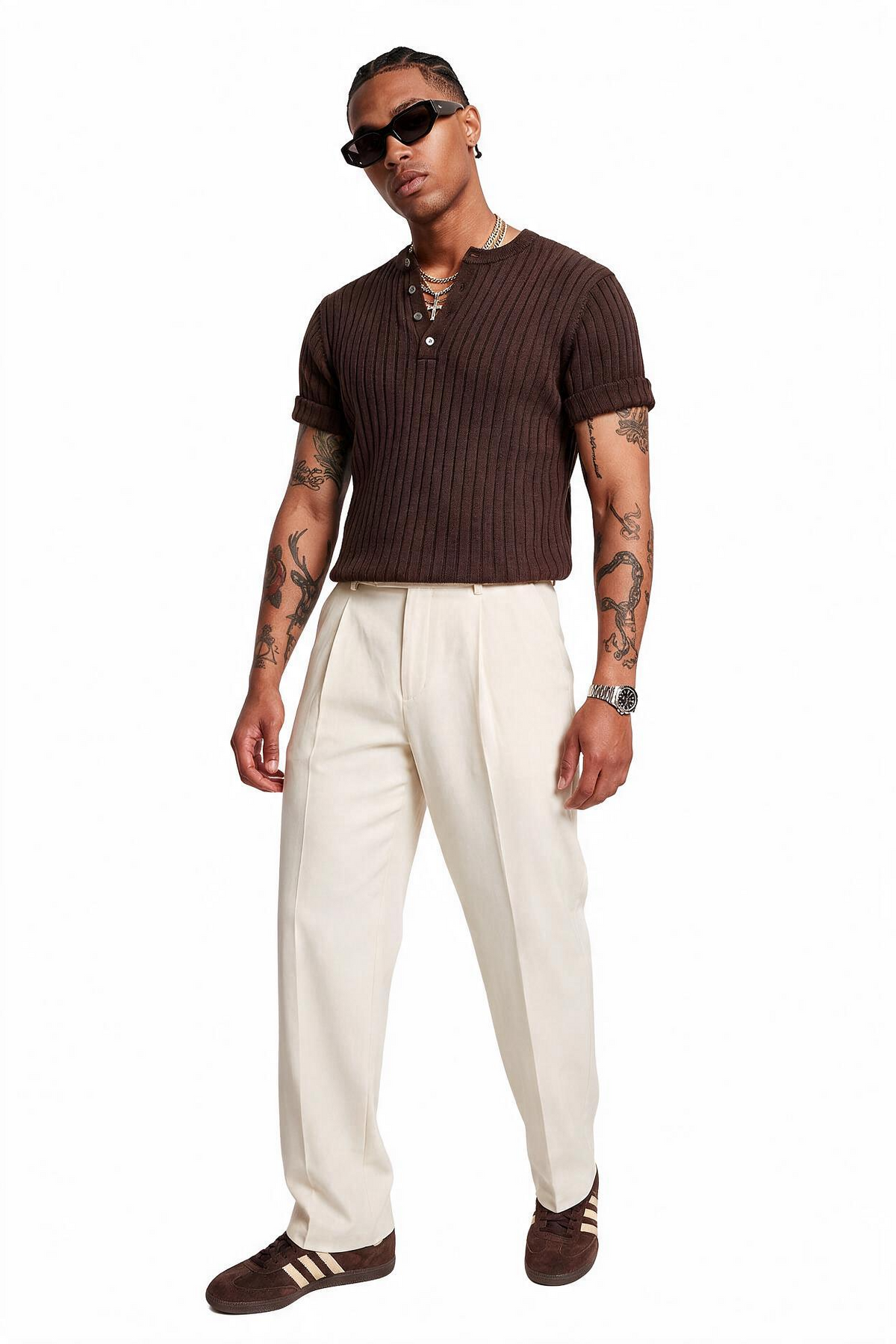 Ribbed Brown Henley Knit T-Shirt