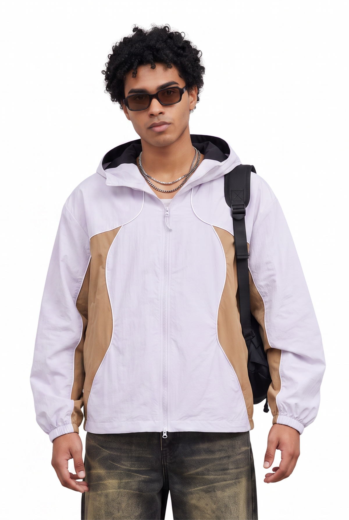 Colorblock White Hooded Windbreaker Jacket