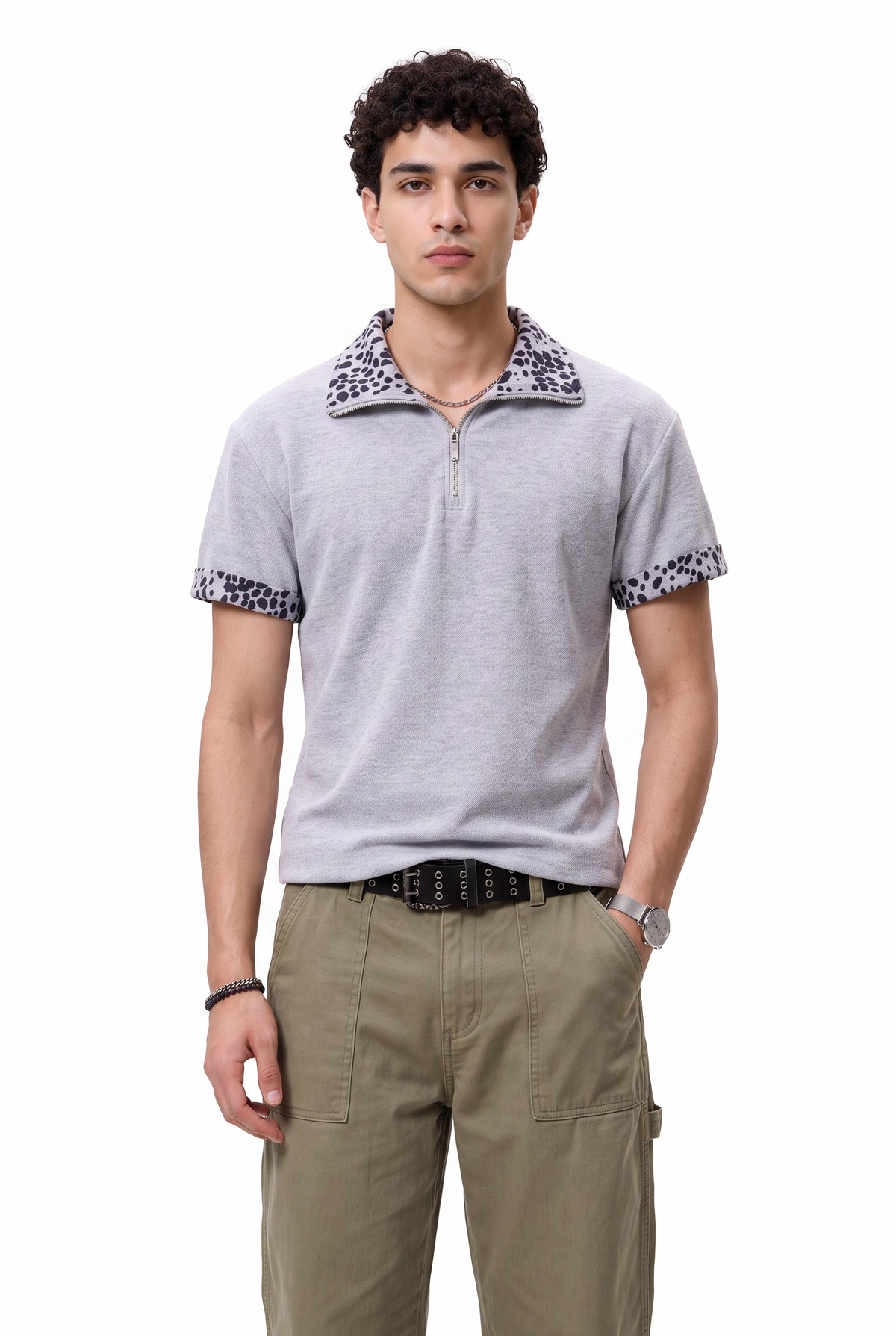 Zip Grey Leopard Trim Polo