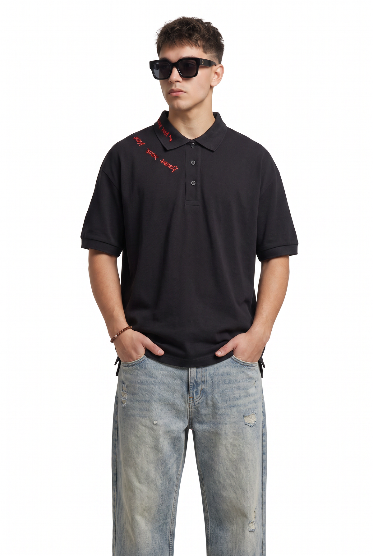 Embroidered Black Oversized Polo T-Shirt