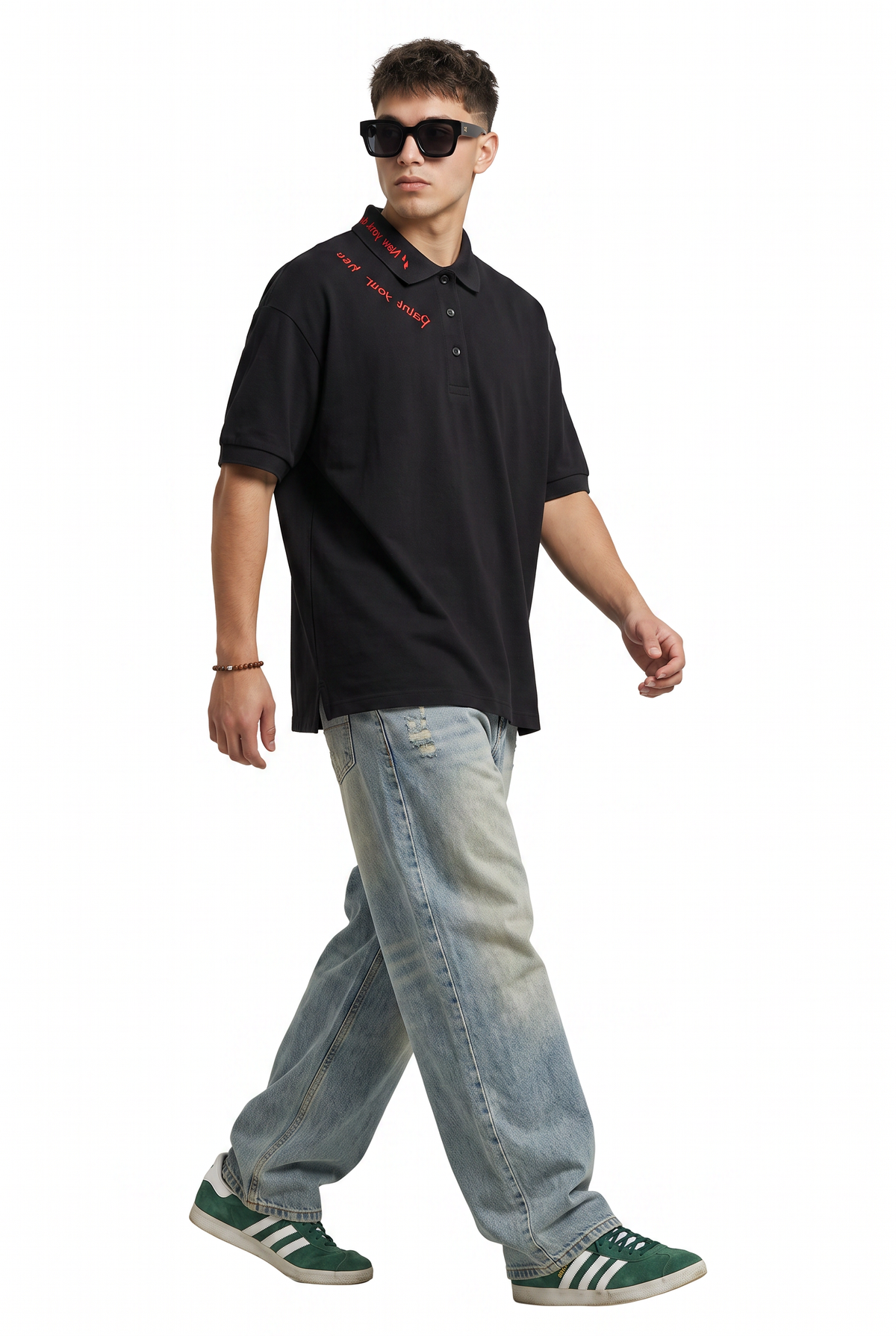 Embroidered Black Oversized Polo T-Shirt