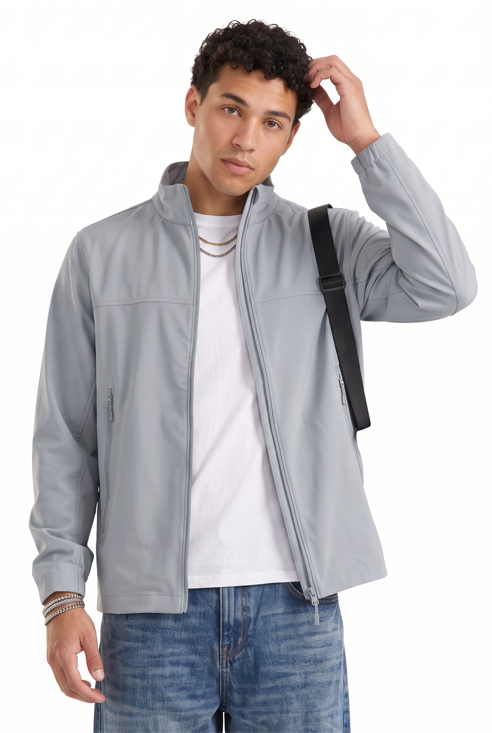 Grey Zip-Up Mandarin Collar Jacket