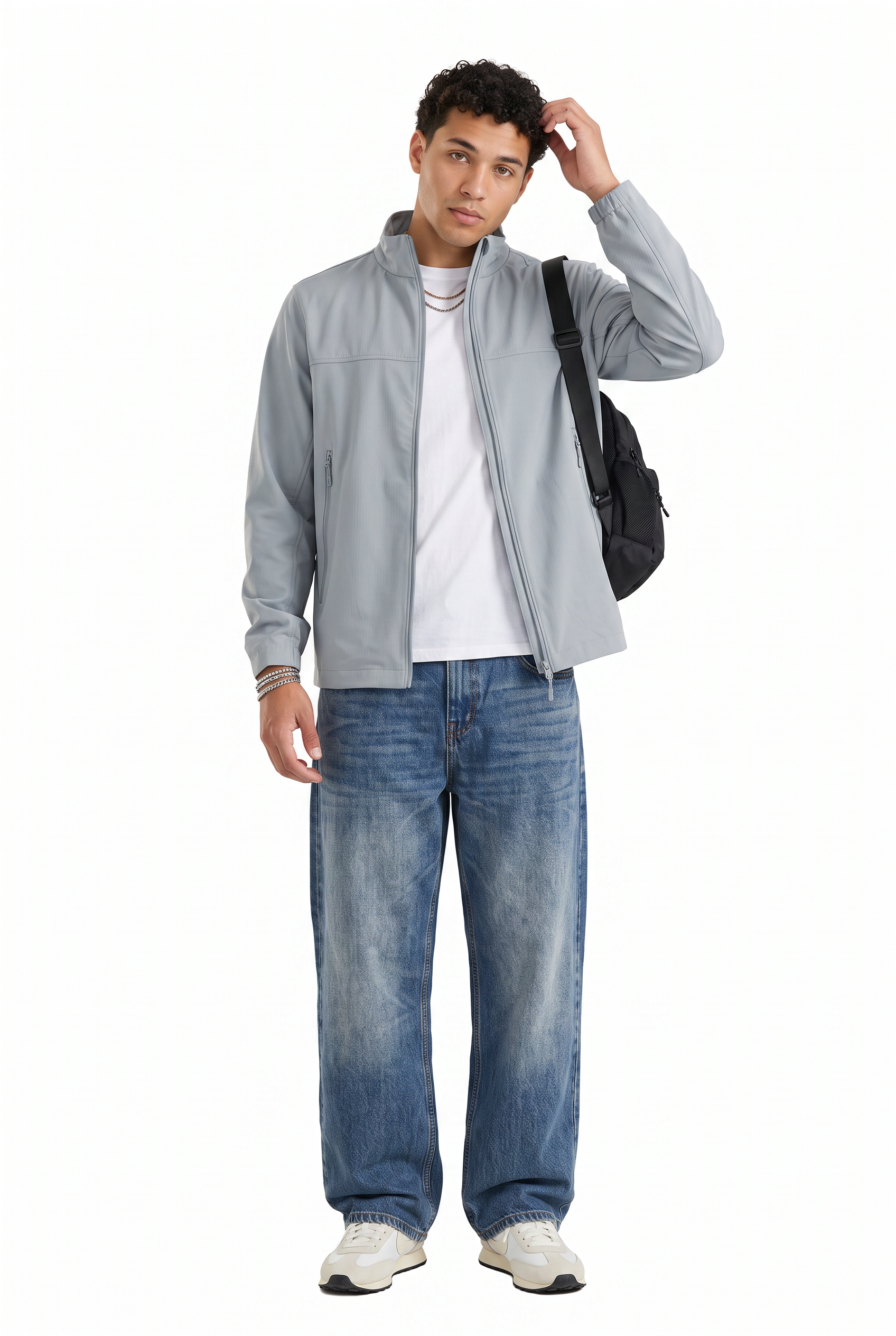 Grey Zip-Up Mandarin Collar Jacket