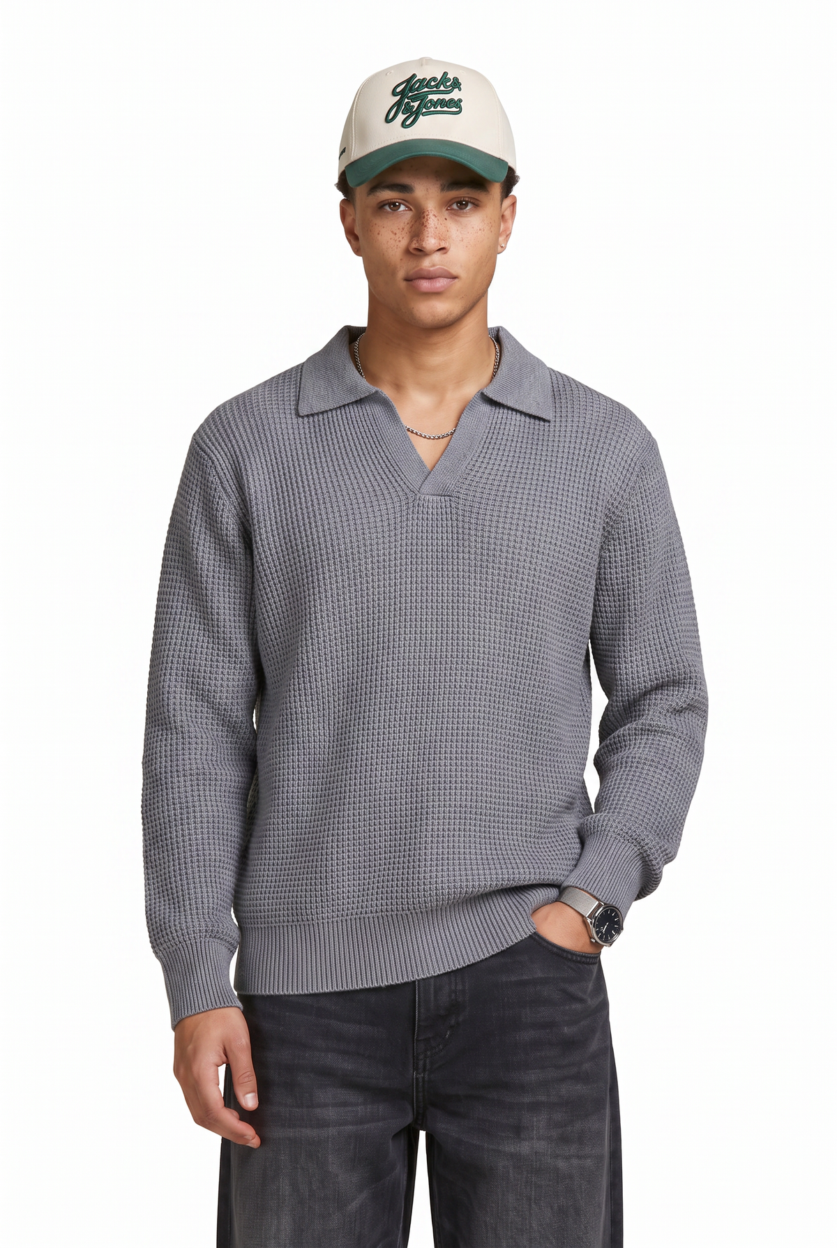Grey Oversized Waffle Polo Sweater