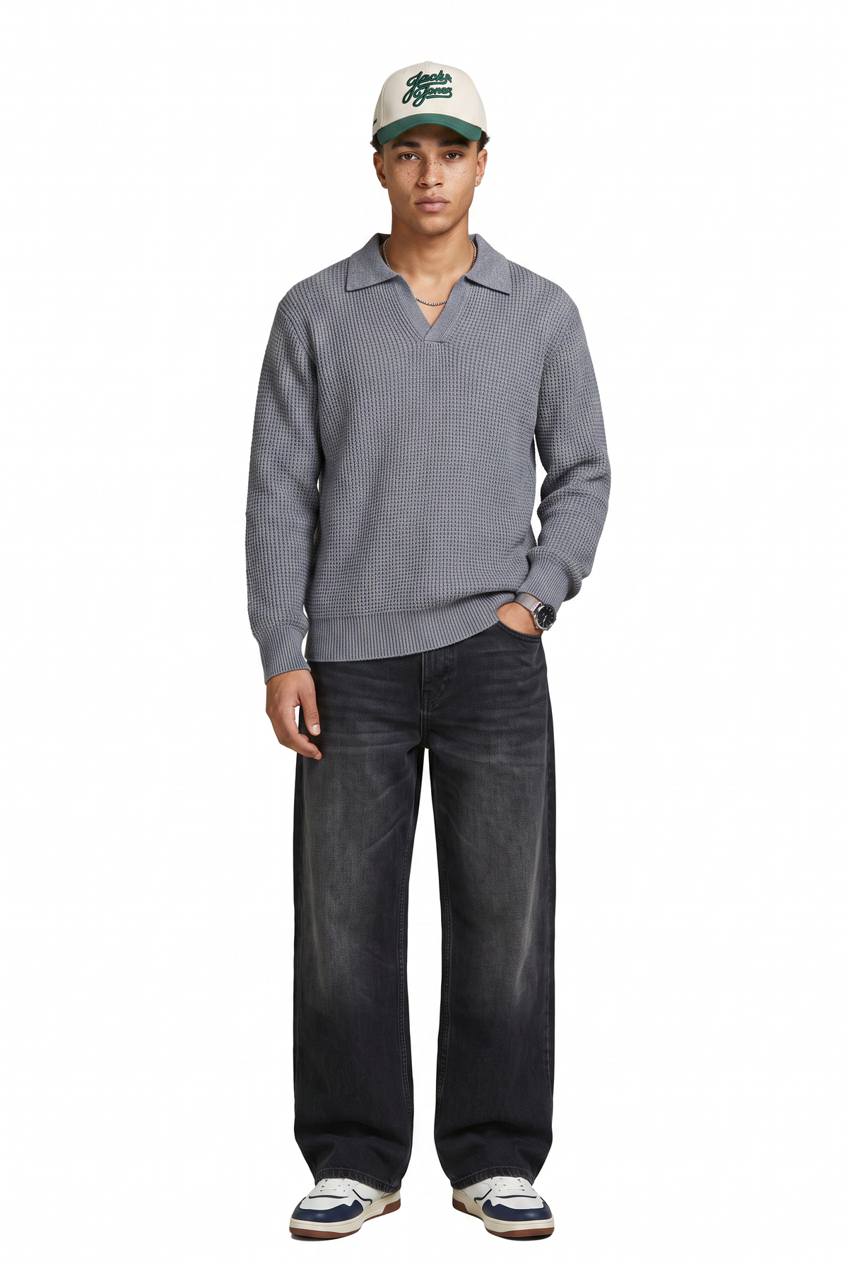 Grey Oversized Waffle Polo Sweater