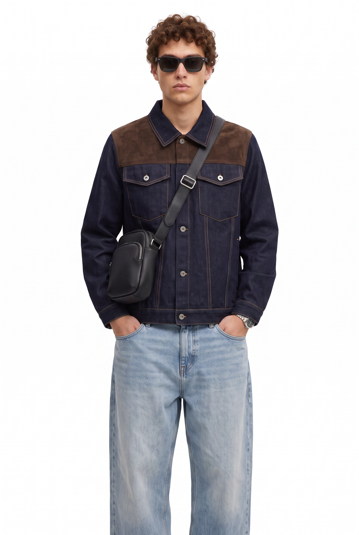 Navy Oversized Suede Panel Jacket