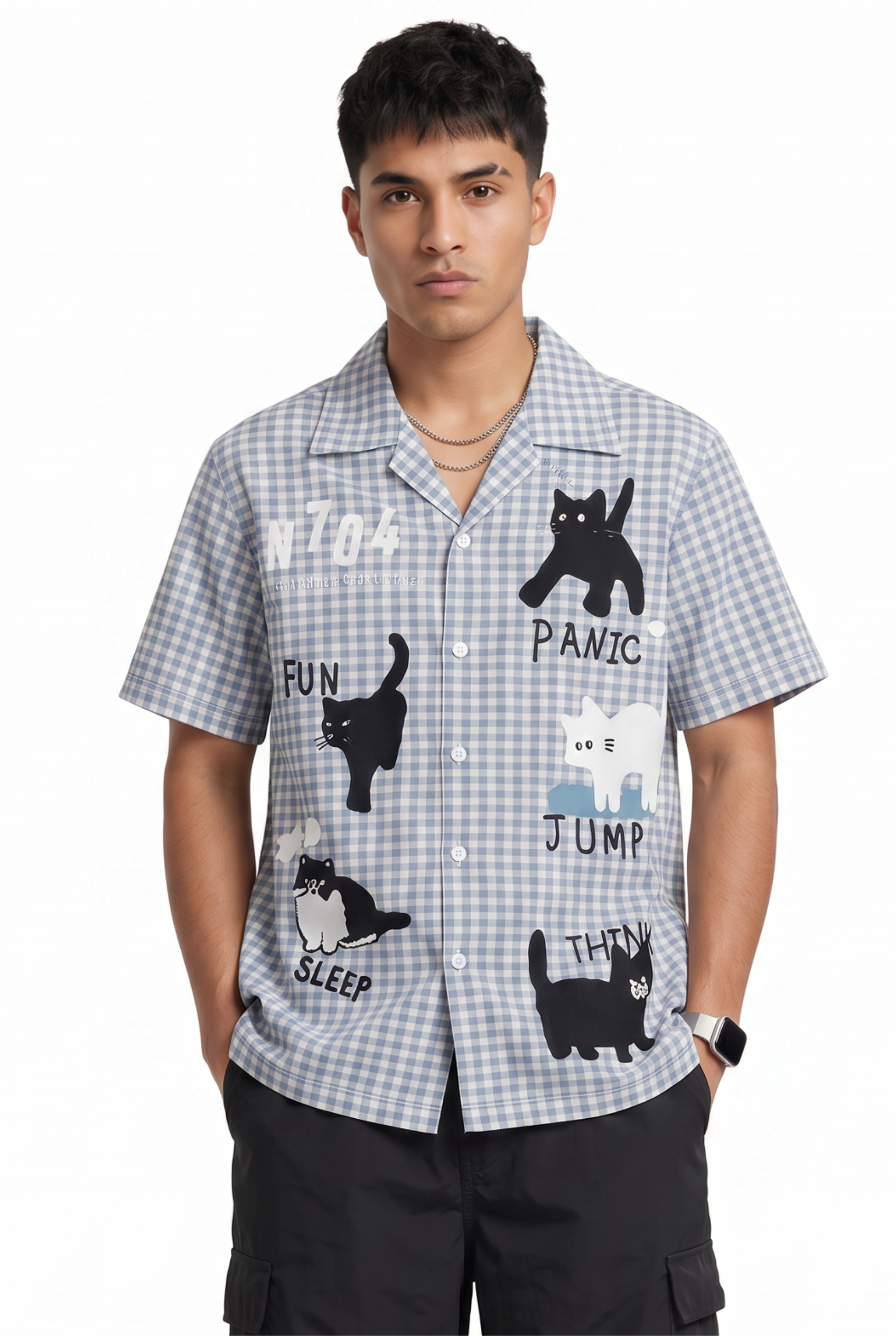 Blue Checked Graphic Cat Shirt